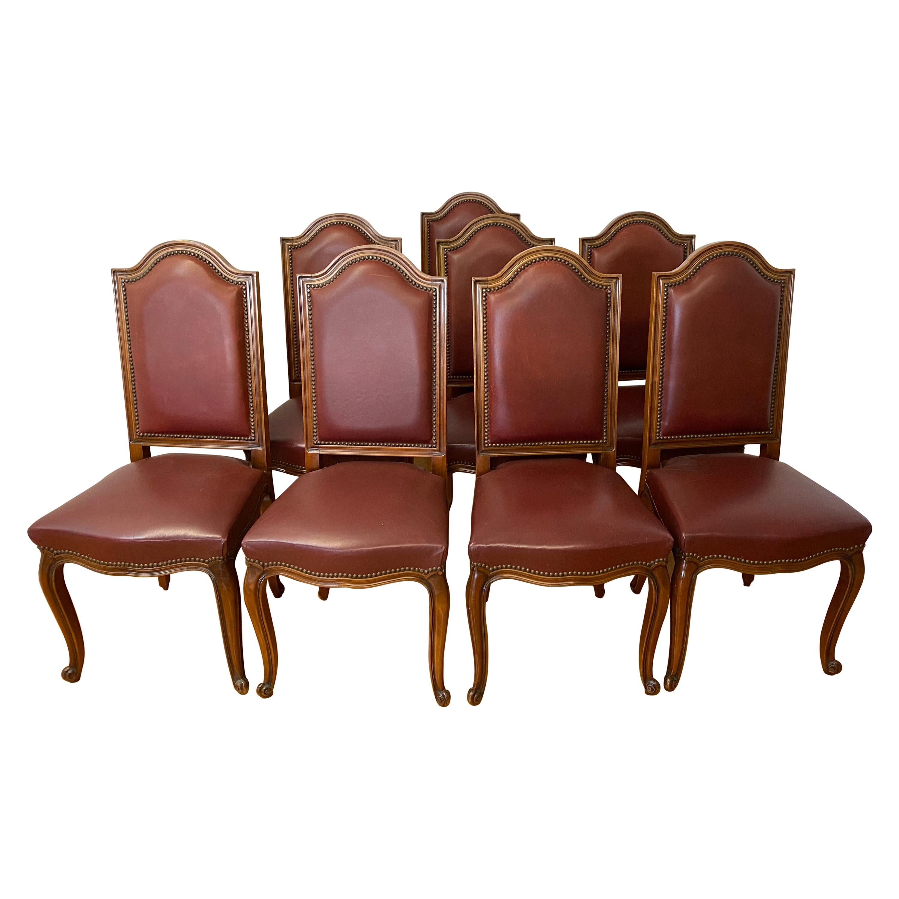 Eight Vintage Carved & Leather Upholstered High Back Dining Chairs