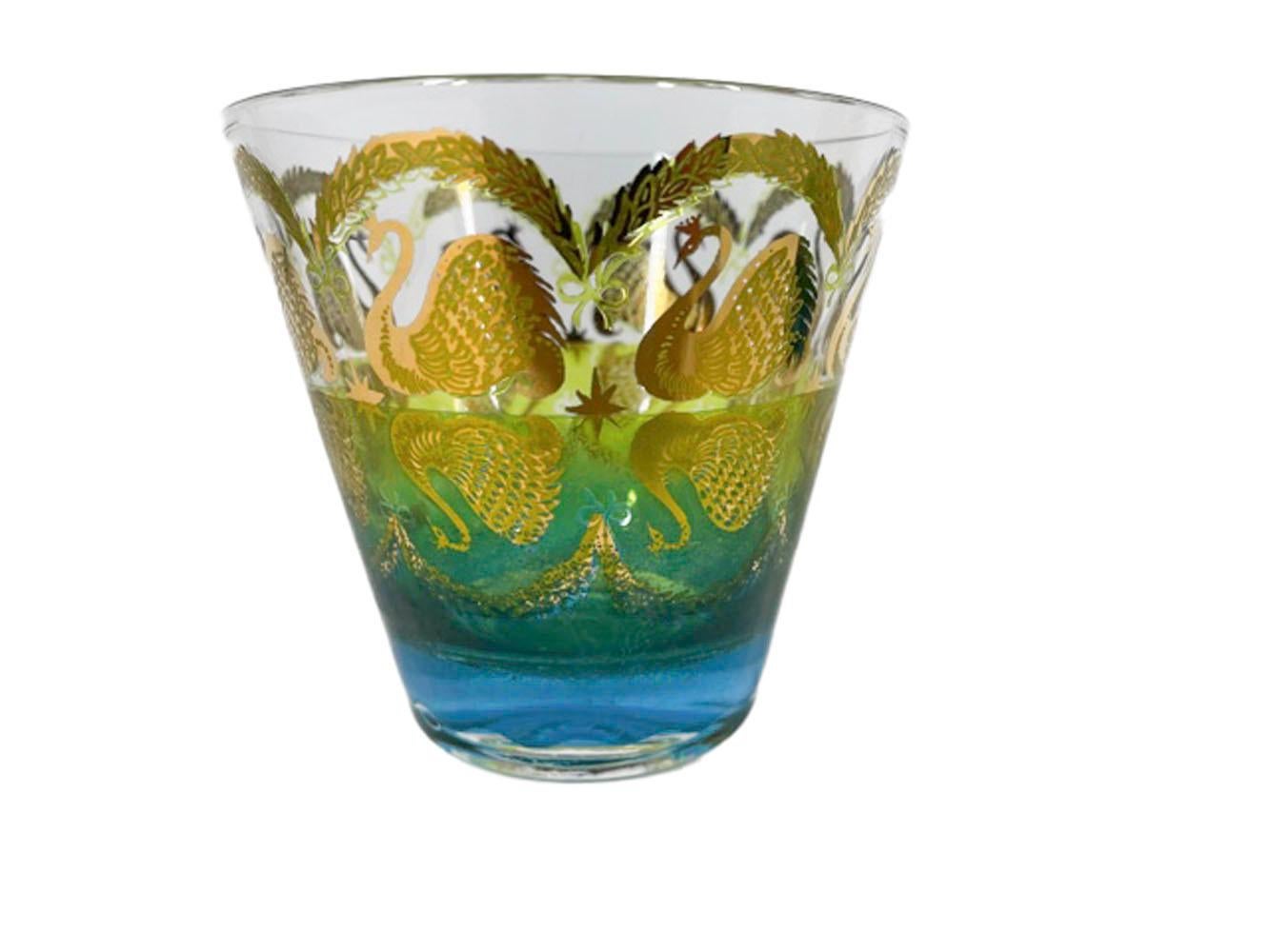 Mid-Century Modern Eight Vintage Cera Old Fashioned Glasses with Swans Reflected in Waters Surface