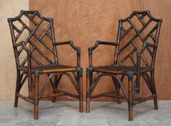 Eight Vintage Chinese Thomas Chippendale Bamboo Framed Cockpen Dining Chairs 8