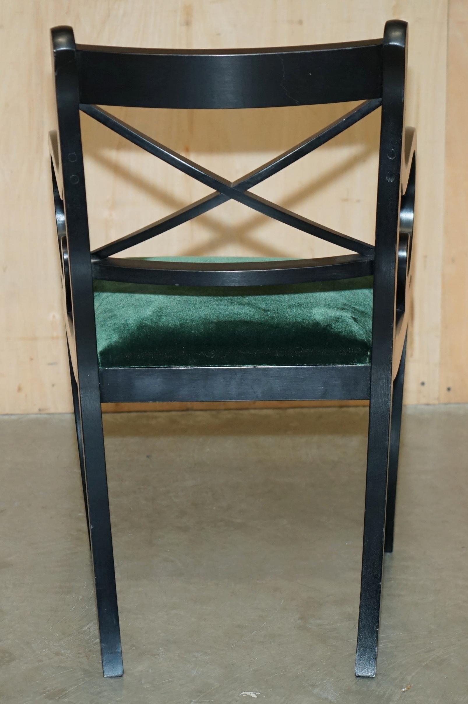 EIGHT VINTAGE ENGLISH REGENCY EBONISED SABRE LEG GREEN VELVET DiNING CHAIRS 8 For Sale 8