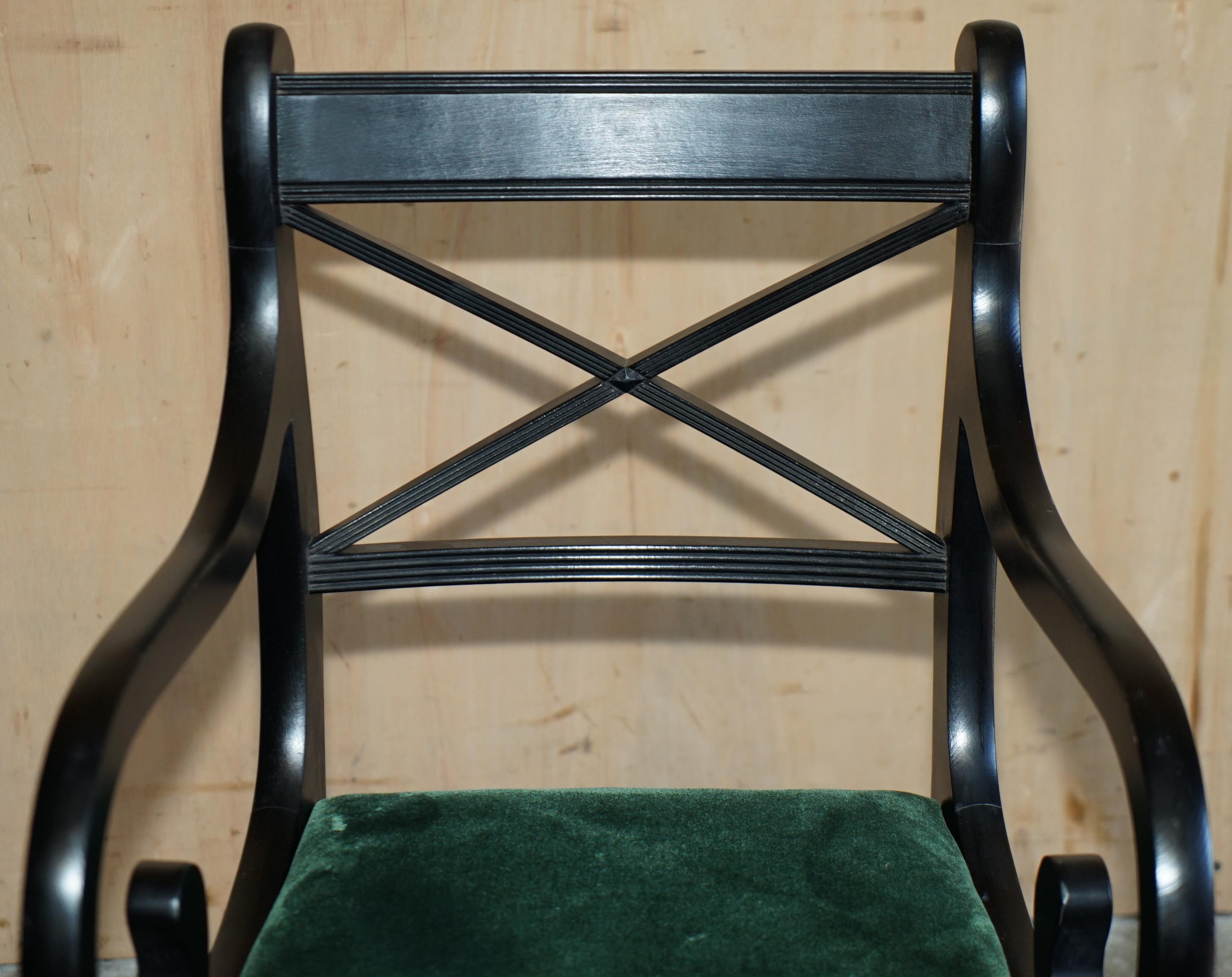 English EIGHT VINTAGE ENGLISH REGENCY EBONISED SABRE LEG GREEN VELVET DiNING CHAIRS 8 For Sale