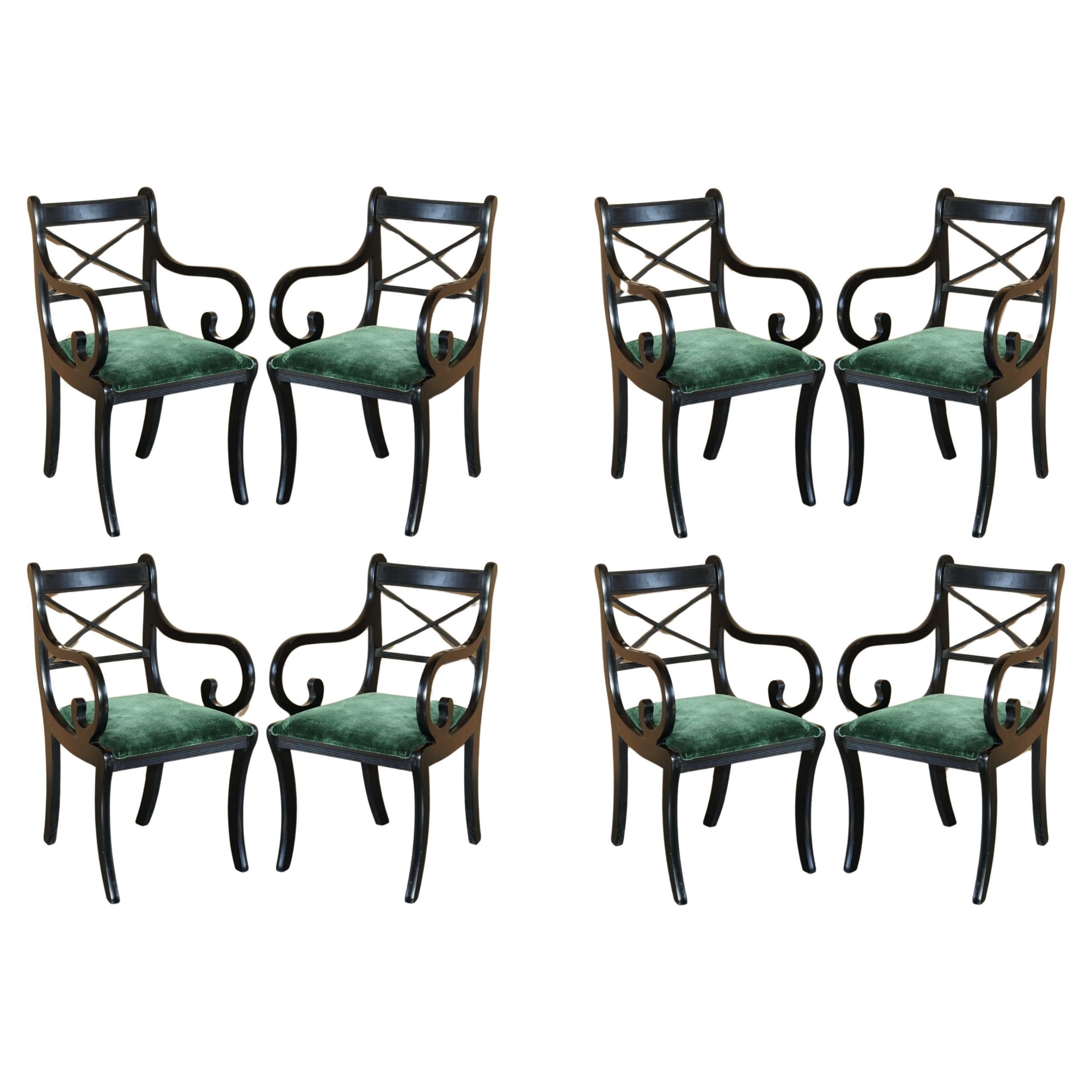 EIGHT VINTAGE ENGLISH REGENCY EBONISED SABRE LEG GREEN VELVET DiNING CHAIRS 8