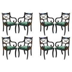 EIGHT VINTAGE ENGLISH REGENCY EBONISED SABRE LEG GREEN VELVET DiNING CHAIRS 8