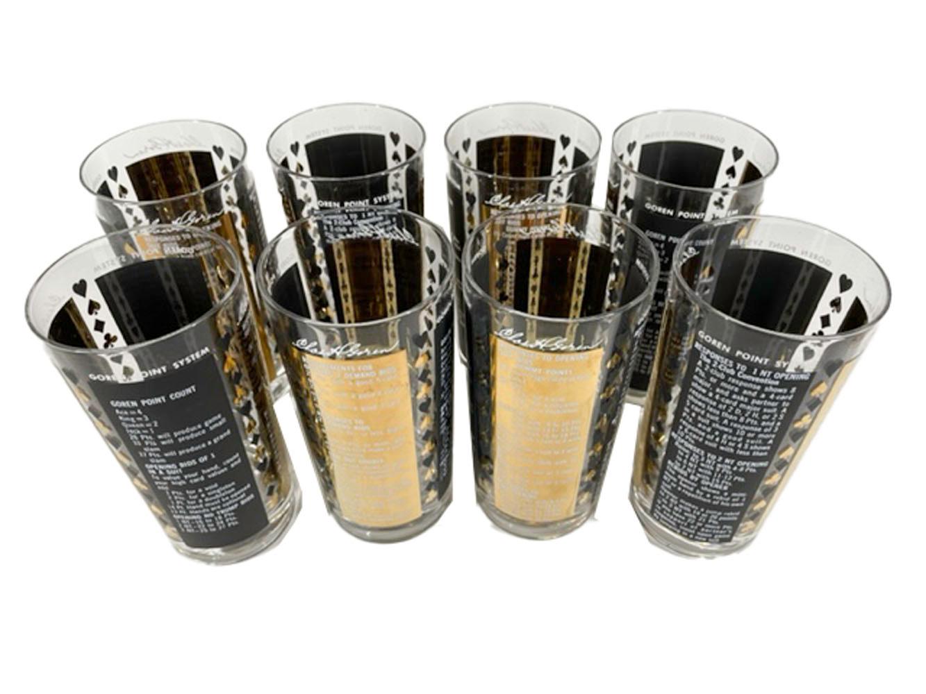 Eight Mid-Century Modern highball glasses in 22k gold and black and white enamel, each with alternating gold and black panels with the 