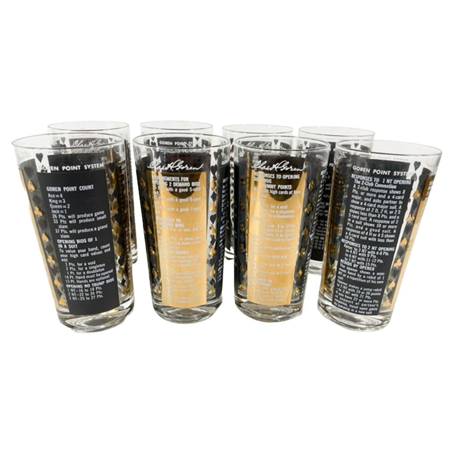 Eight Vintage "Goren Point System" Bridge Themed Highball Glasses For Sale  at 1stDibs