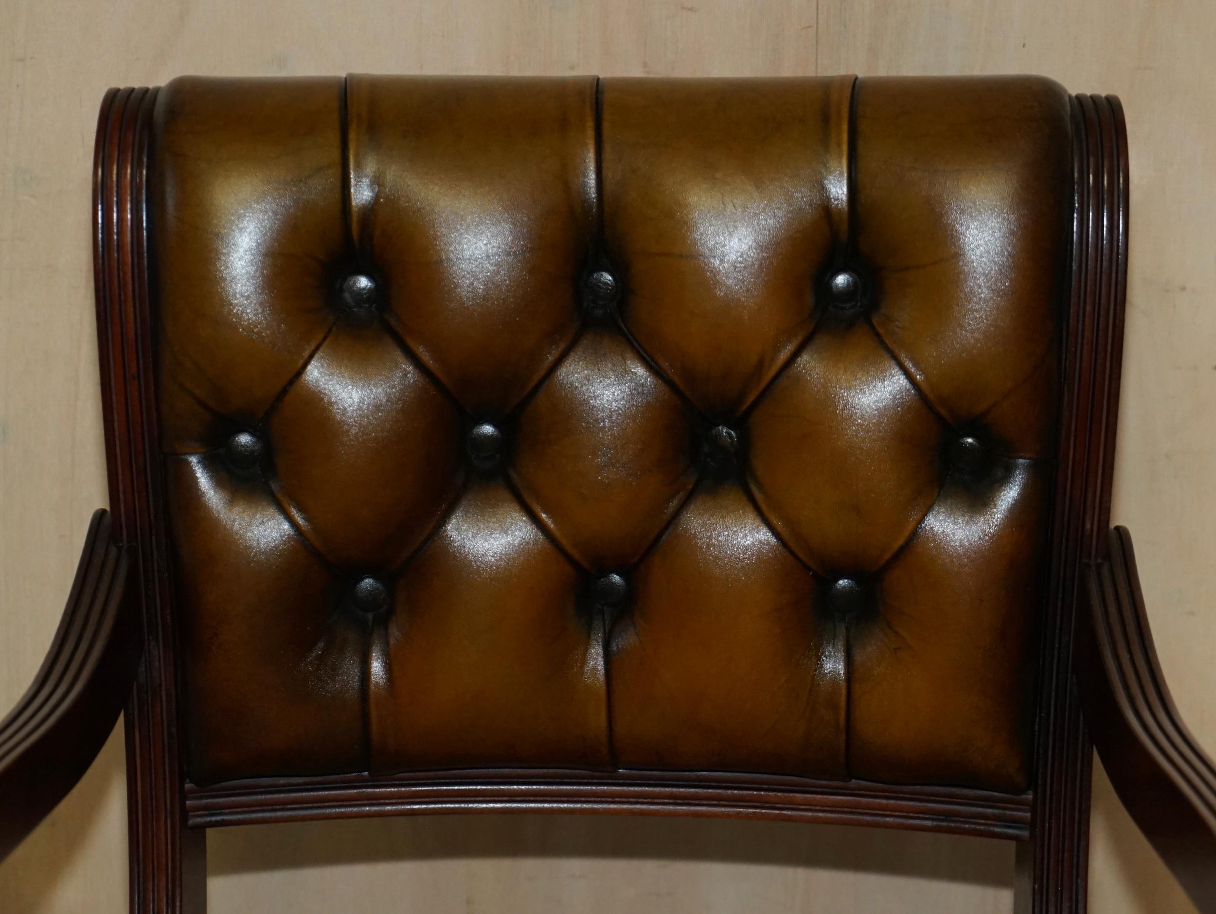 Eight Vintage Hardwood Fully Restored Chesterfield Brown Leather Dining Chairs 8 For Sale 8