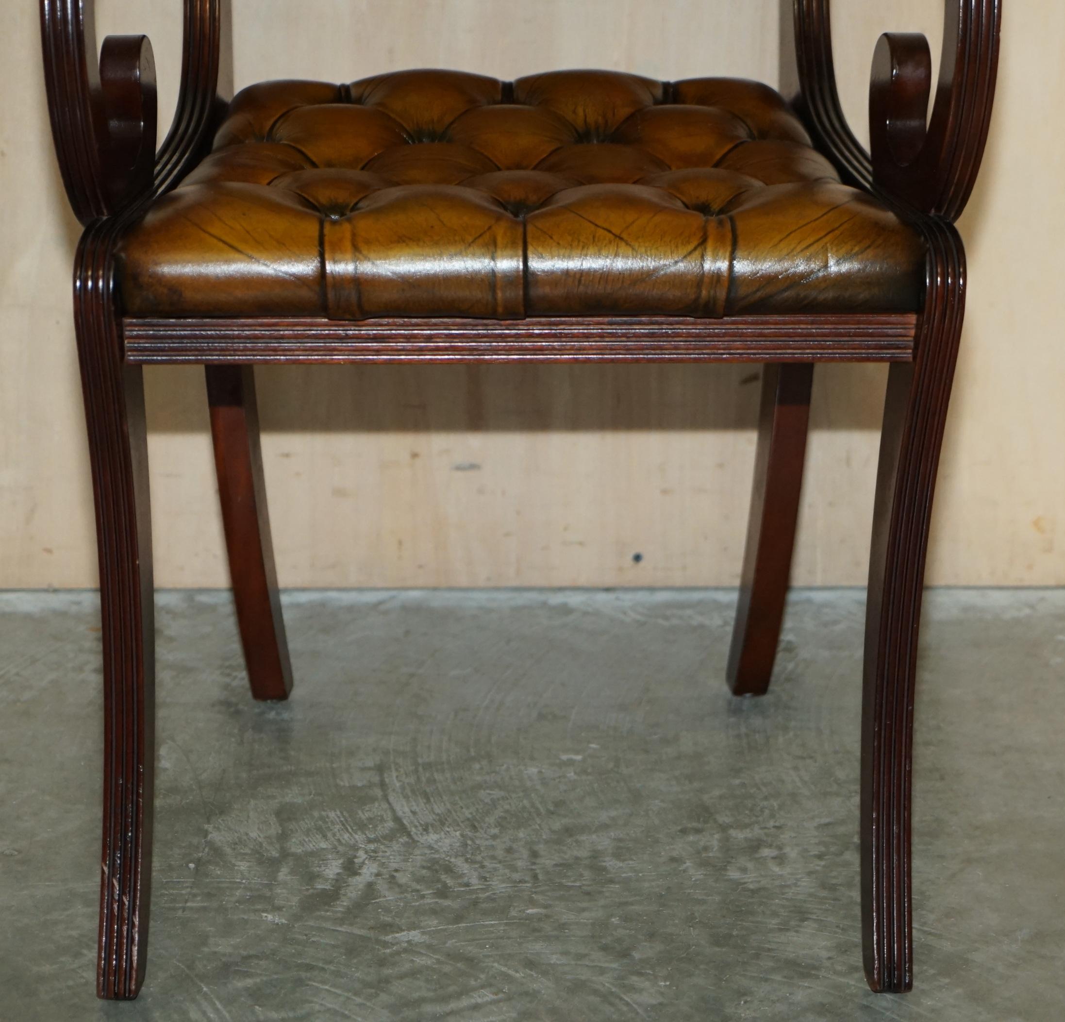 Eight Vintage Hardwood Fully Restored Chesterfield Brown Leather Dining Chairs 8 For Sale 11