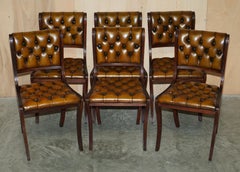 Ocho Sillas de Comedor Chesterfield Vintage de Madera Completamente Restauradas de Cuero Marrón 8