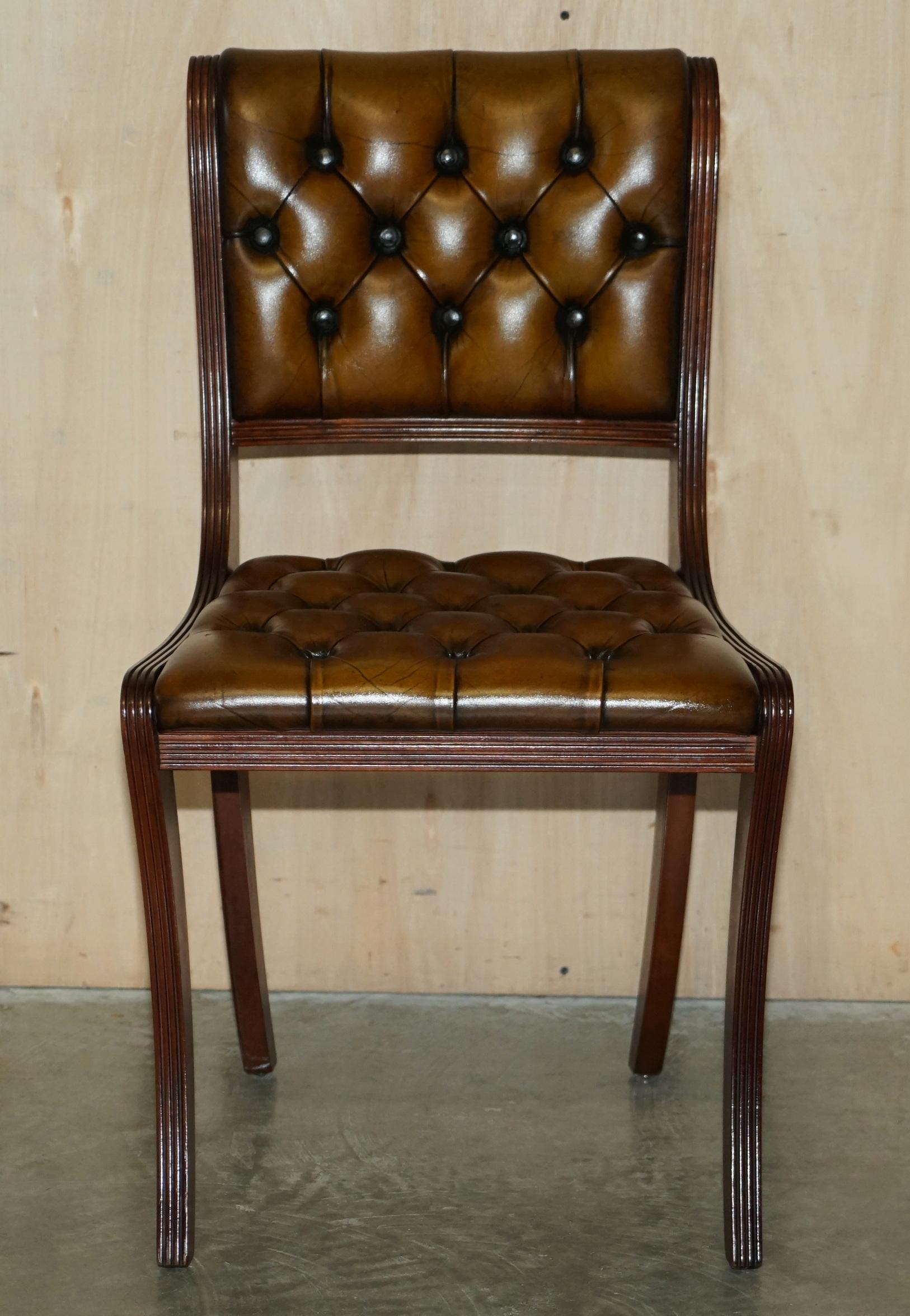 French Eight Vintage Hardwood Fully Restored Chesterfield Brown Leather Dining Chairs 8 For Sale