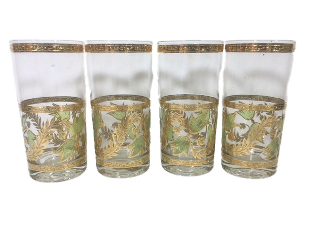 Mid-Century Modern Eight Vintage Highball Glasses by Culver with Green Leaves and 22k Gold Vines For Sale