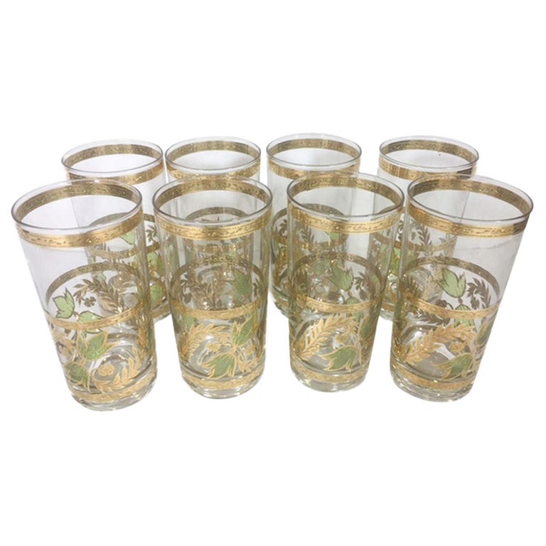 Eight Vintage Highball Glasses by Culver with Green Leaves and 22k Gold