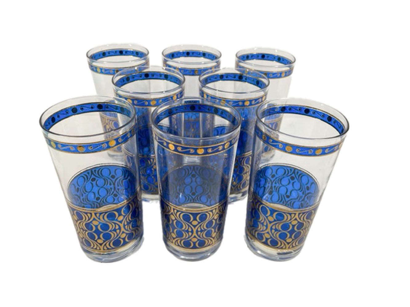 Eight Mid-Century Modern highball glasses with 22 karat gold 