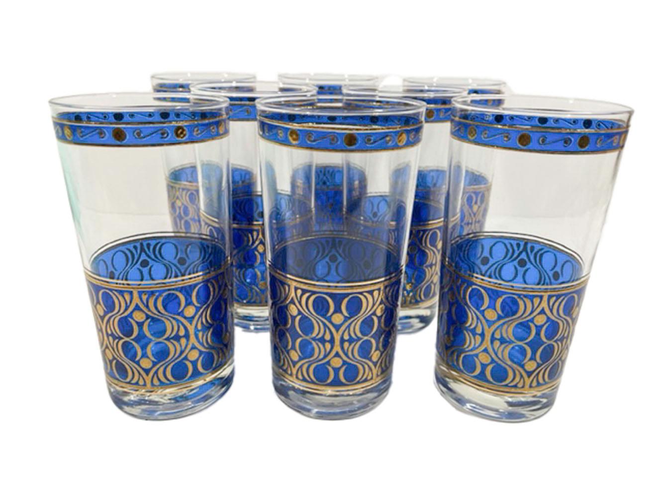 Mid-Century Modern Eight Vintage Highball Glasses with 22k Gold over Translucent Blue Enamel