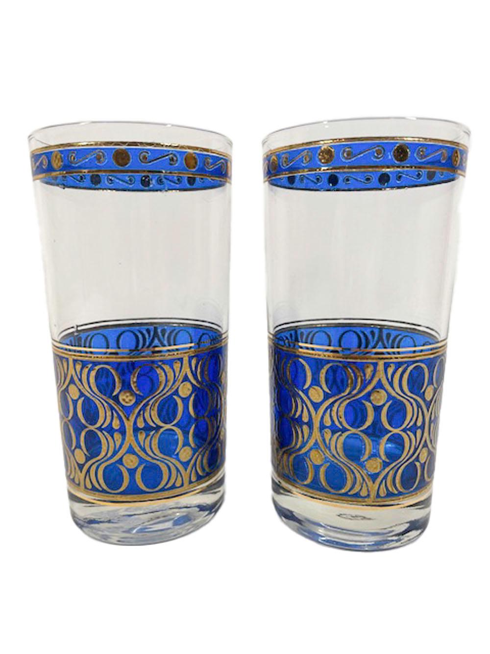 Eight Vintage Highball Glasses with 22k Gold over Translucent Blue Enamel In Good Condition In Nantucket, MA