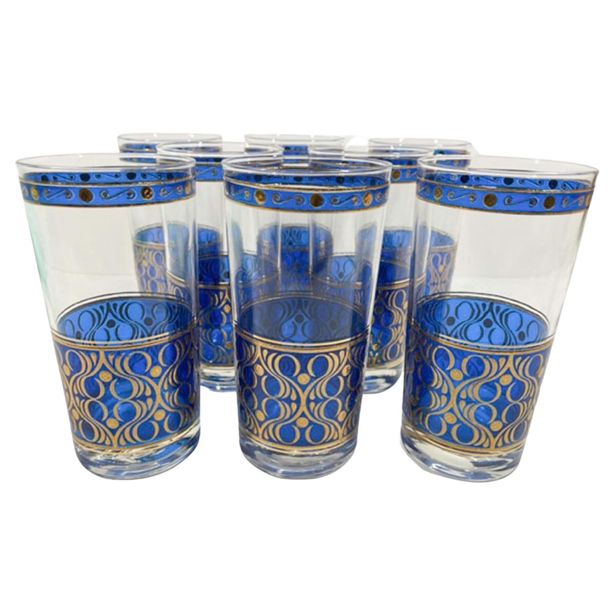 Eight Vintage Highball Glasses with 22k Gold over Translucent Blue Enamel