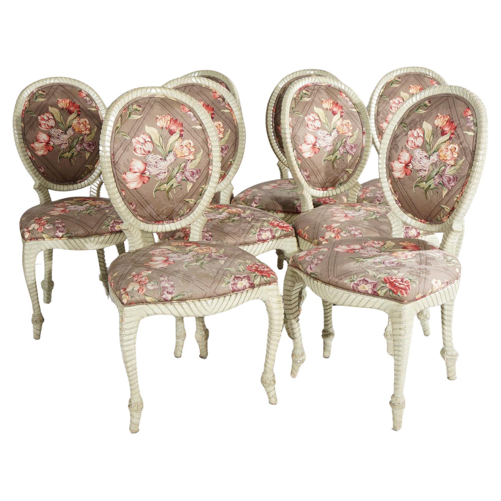 Eight Vintage Louis XVI Style Rope Twist, Floral Upholstered Dining Chairs 20thC