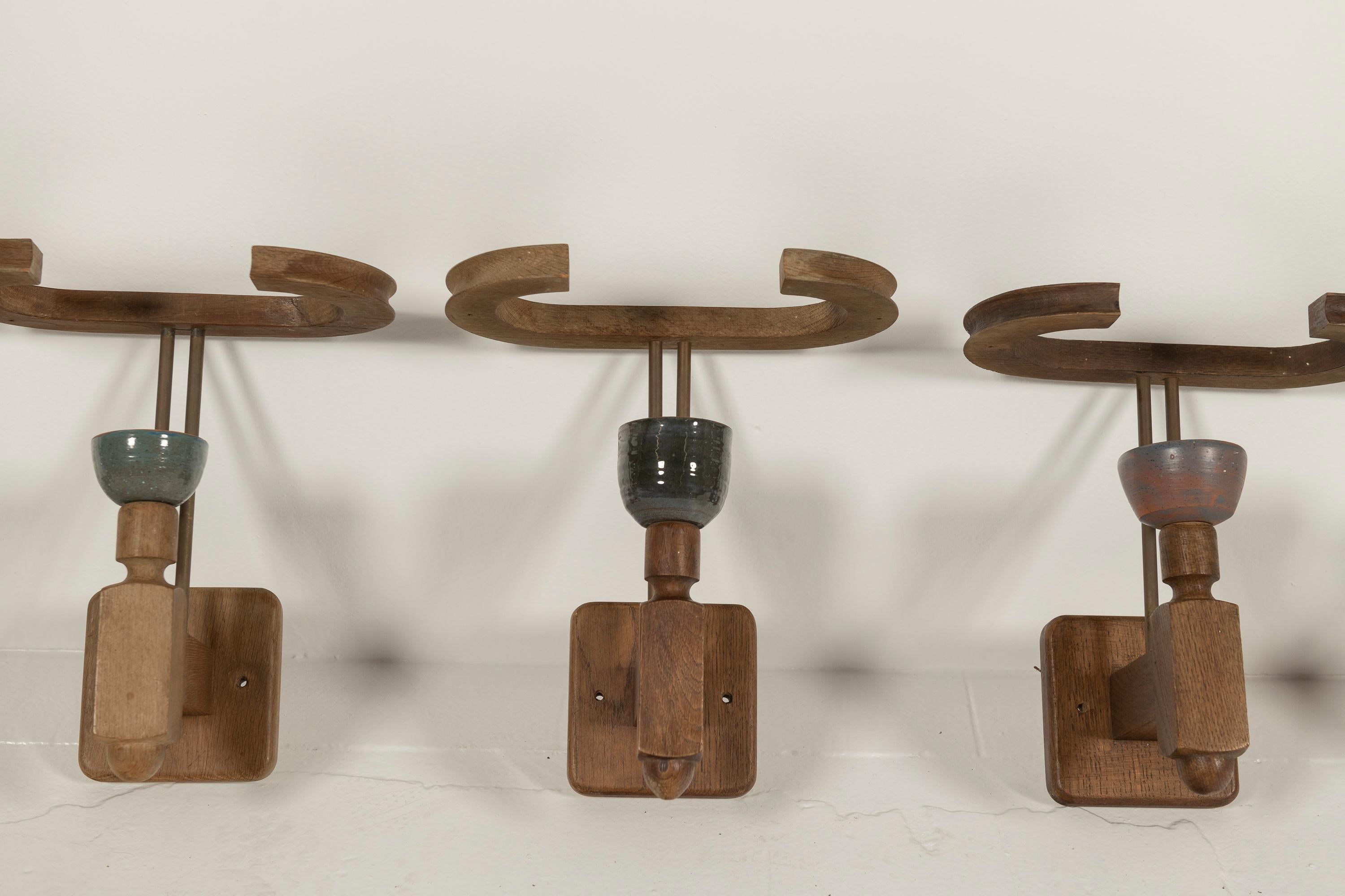 Eight Vintage Oak and Ceramic Sconces by Guillerme & Chambon, France, 1960s For Sale 4
