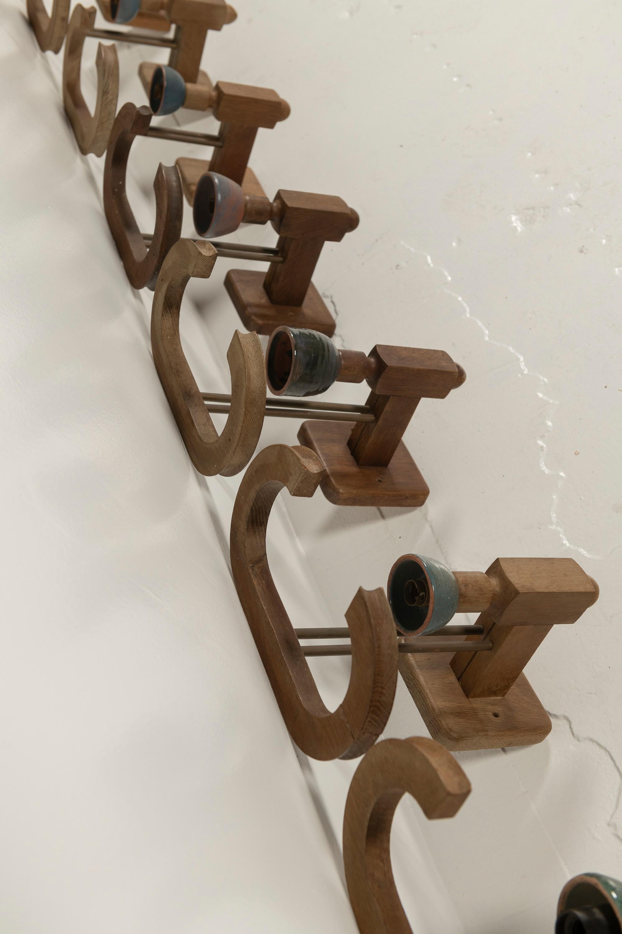 Eight Vintage Oak and Ceramic Sconces by Guillerme & Chambon, France, 1960s For Sale 5