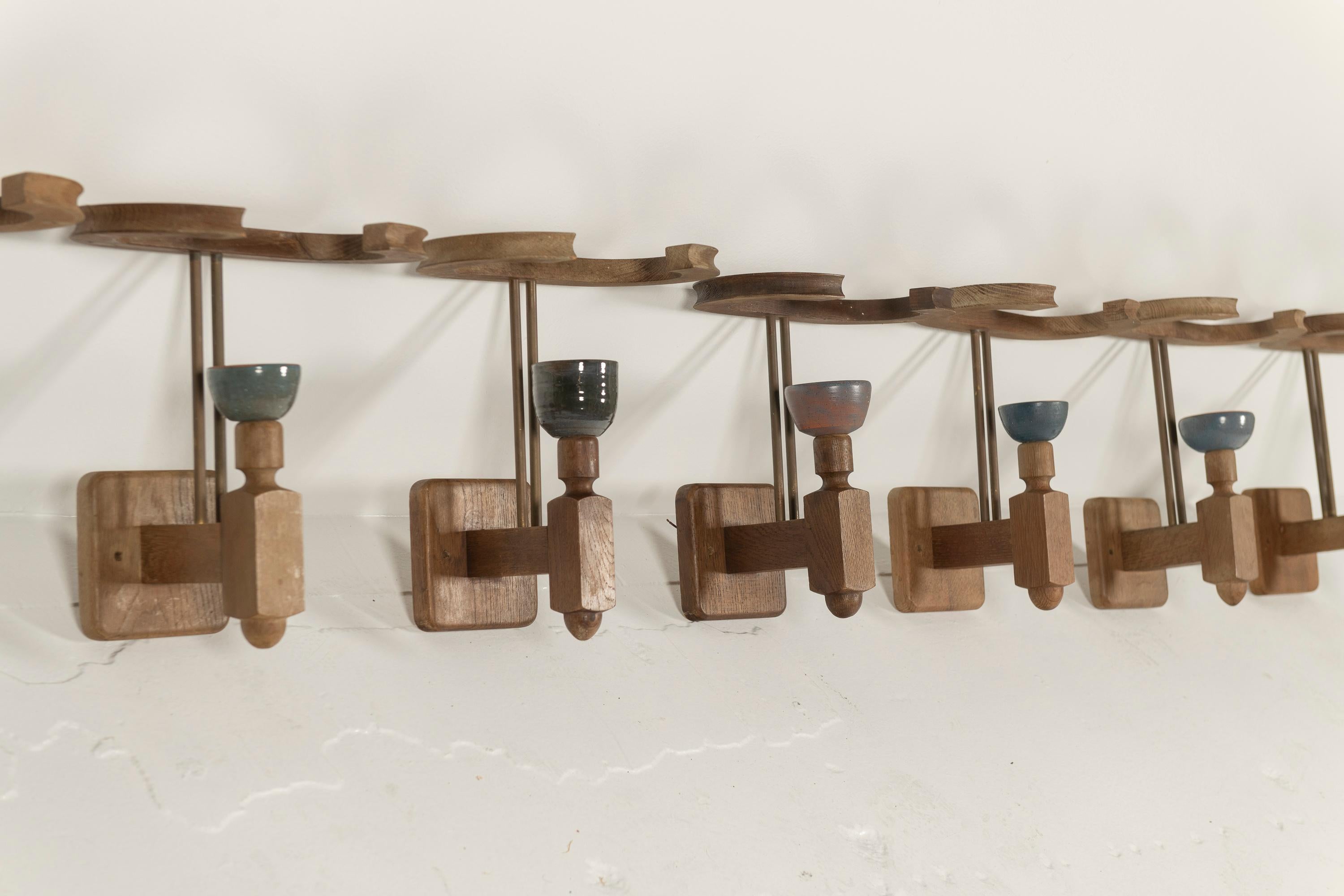 Eight Vintage Oak and Ceramic Sconces by Guillerme & Chambon, France, 1960s For Sale 6