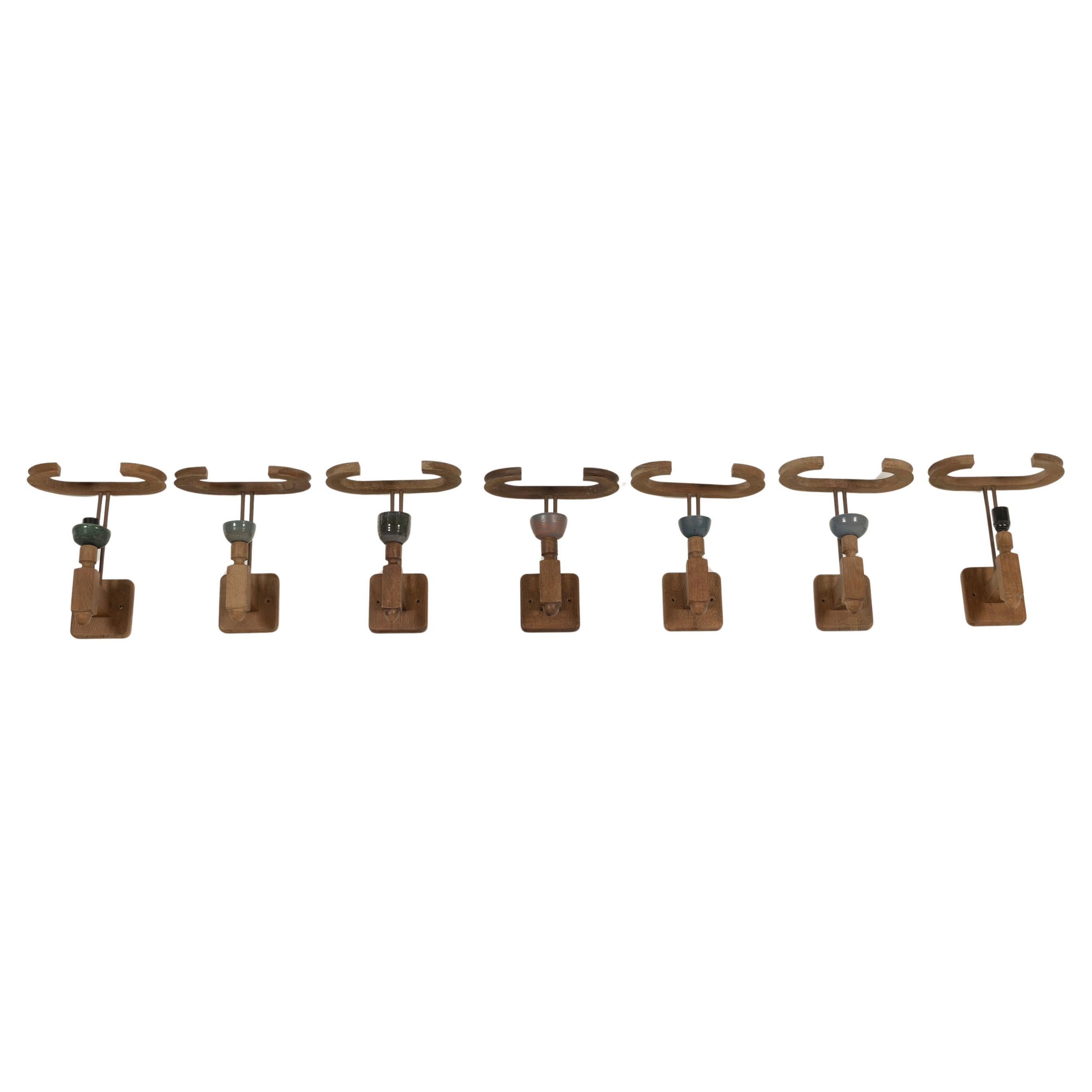 Mid-Century Modern Eight Vintage Oak and Ceramic Sconces by Guillerme & Chambon, France, 1960s For Sale