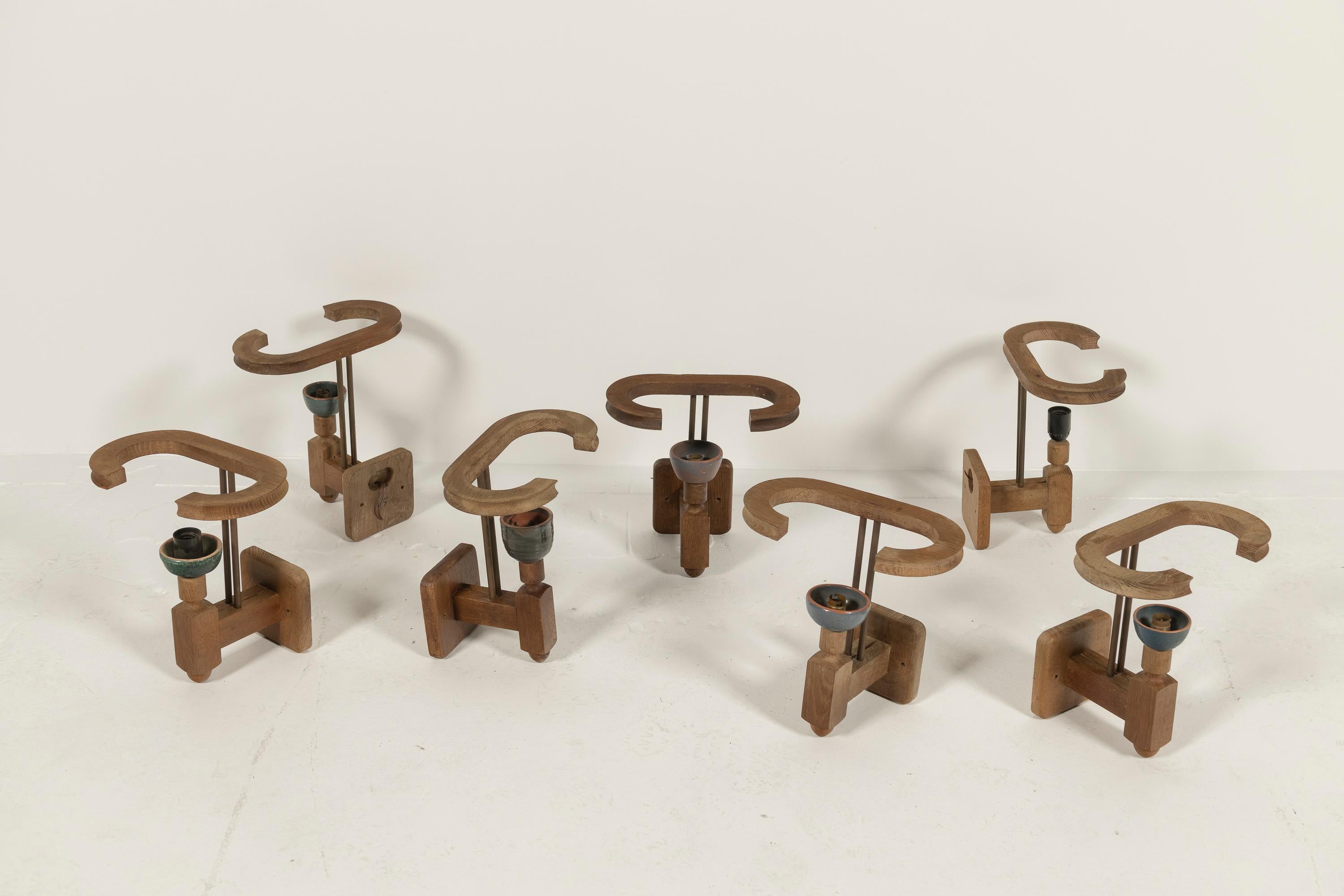 Mid-20th Century Eight Vintage Oak and Ceramic Sconces by Guillerme & Chambon, France, 1960s For Sale