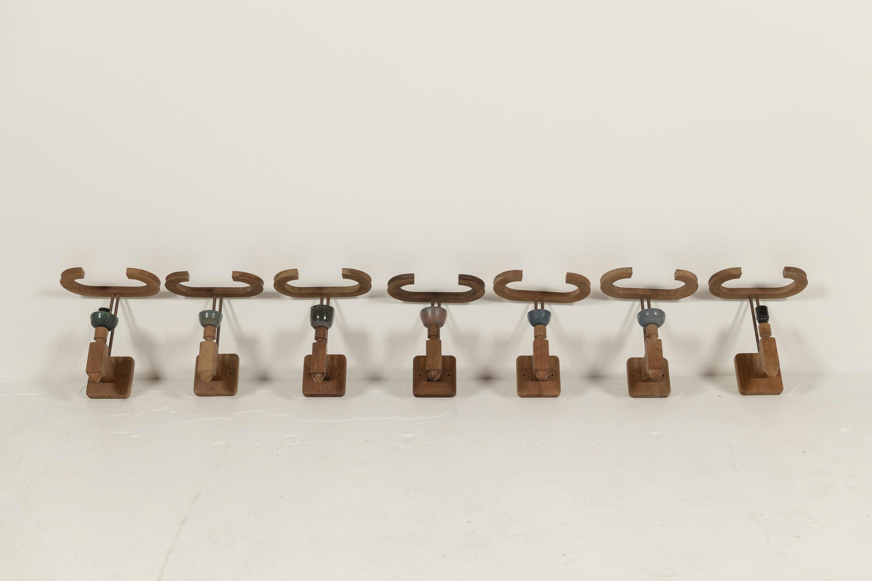 Eight Vintage Oak and Ceramic Sconces by Guillerme & Chambon, France, 1960s For Sale 2