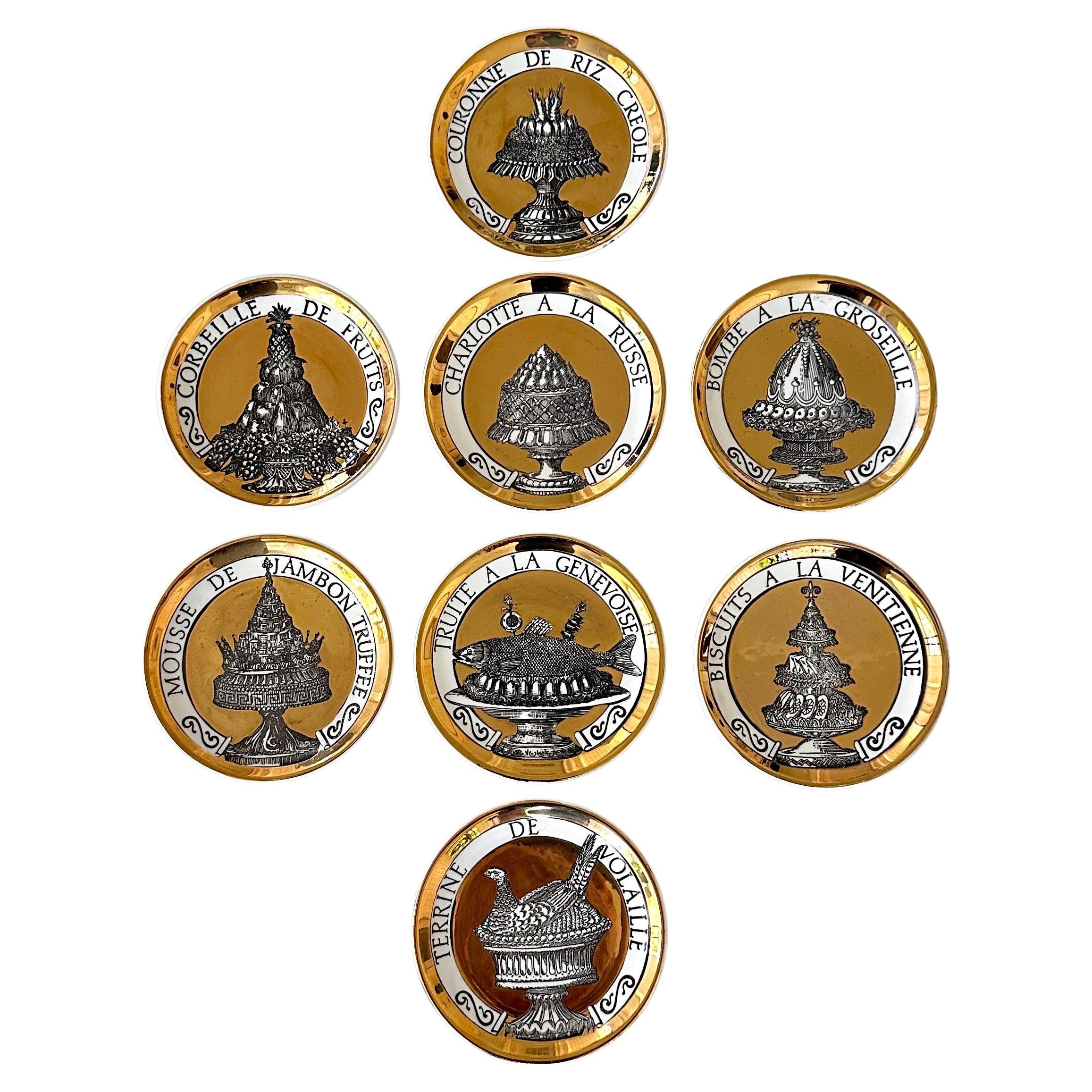 Acht Vintage Piero Fornasetti Untersetzer, genannt DINNER AT EIGHT French Foods