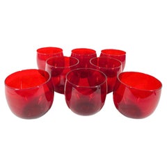 Eight Vintage Red Glass Roly Poly Cocktail Glasses