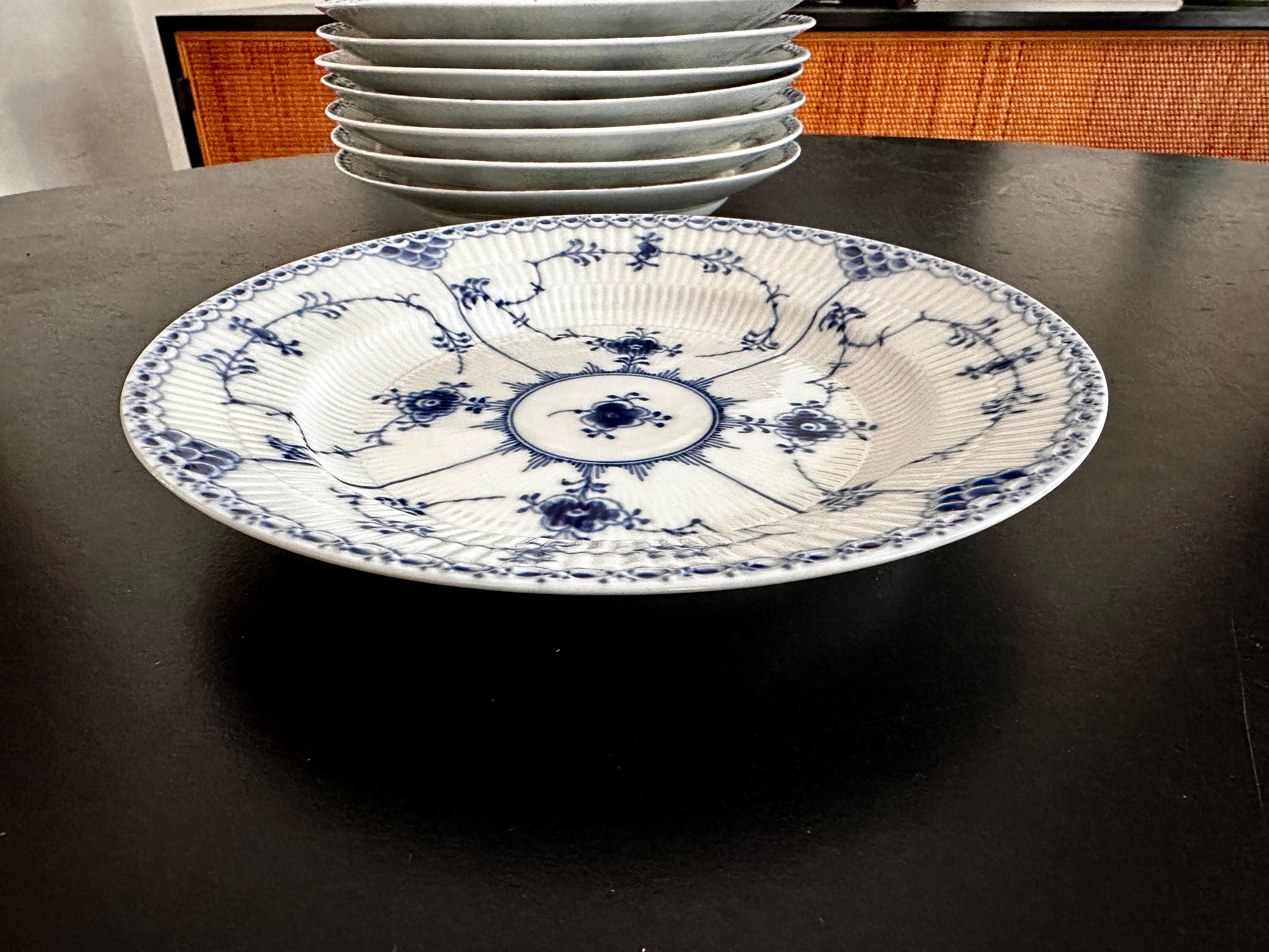 Danish Eight Vintage Royal Copenhagen Blue Fluted Half Lace Dinner Plates #571