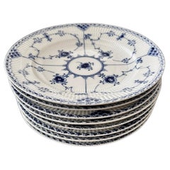 Eight Vintage Royal Copenhagen Blue Fluted Half Lace Dinner Plates #571