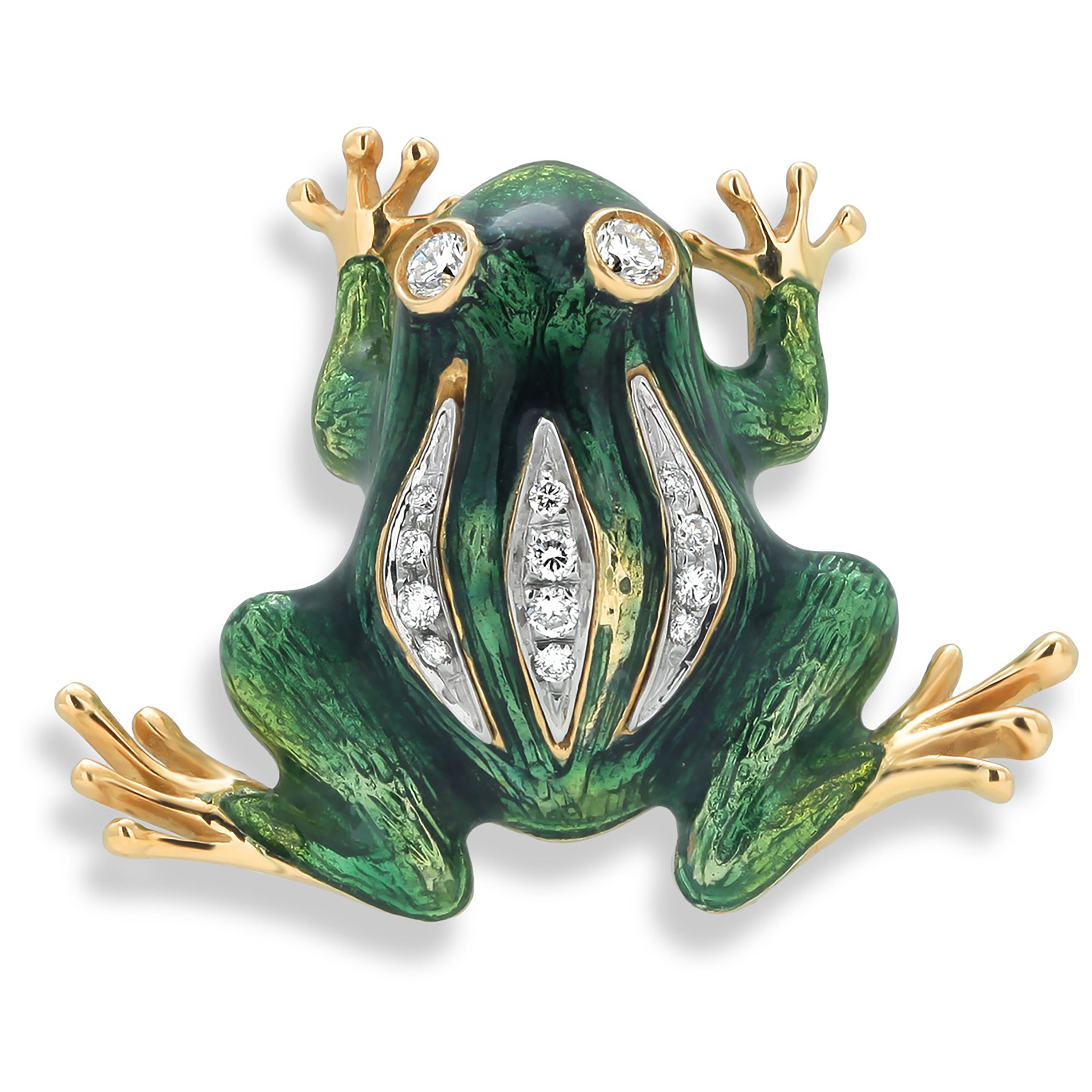 Broche de oro amarillo y blanco de dieciocho quilates Rana de esmalte verde con diamantes Corte redondo