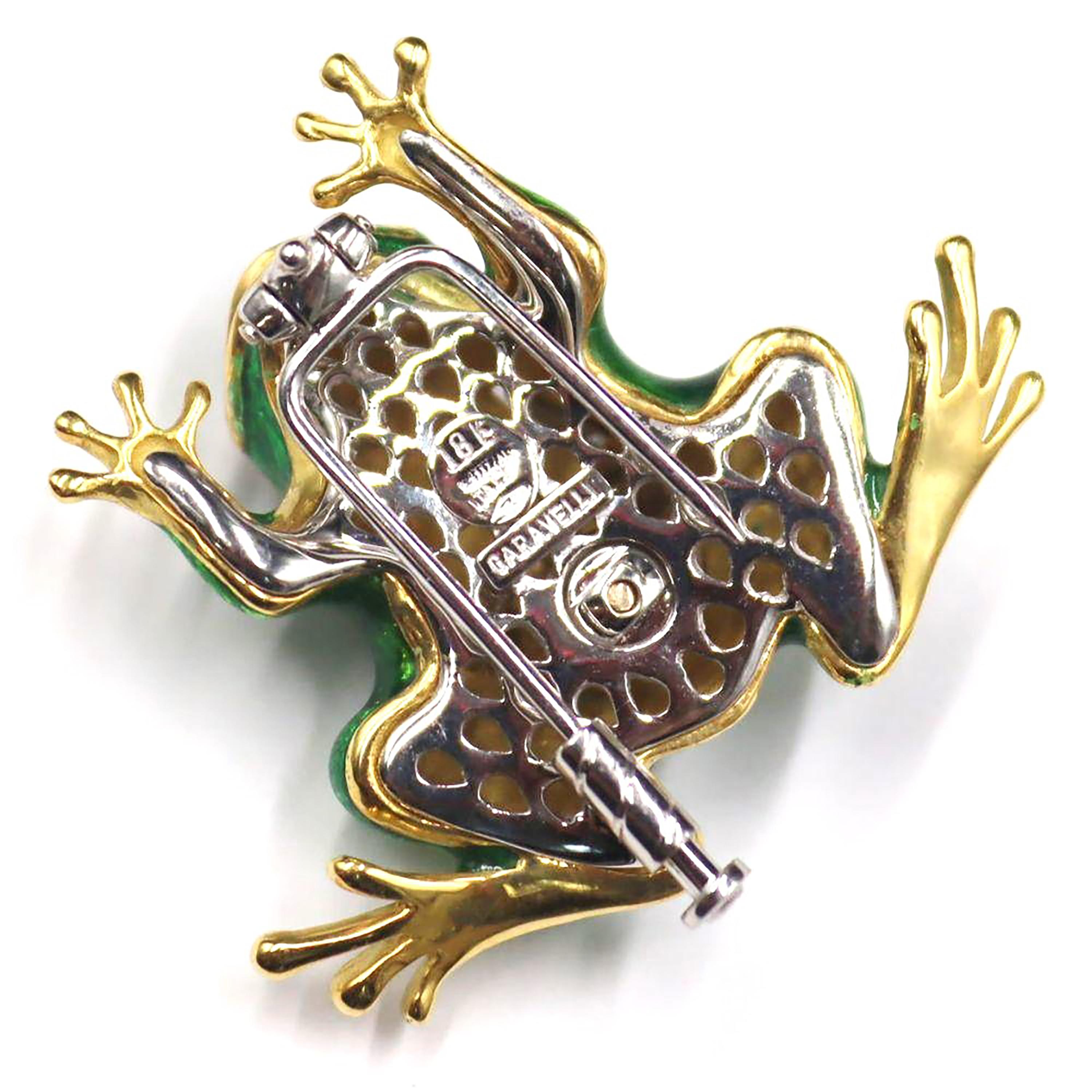 Broche de oro amarillo y blanco de dieciocho quilates Rana de esmalte verde con diamantes en Bueno Estado en New York, NY