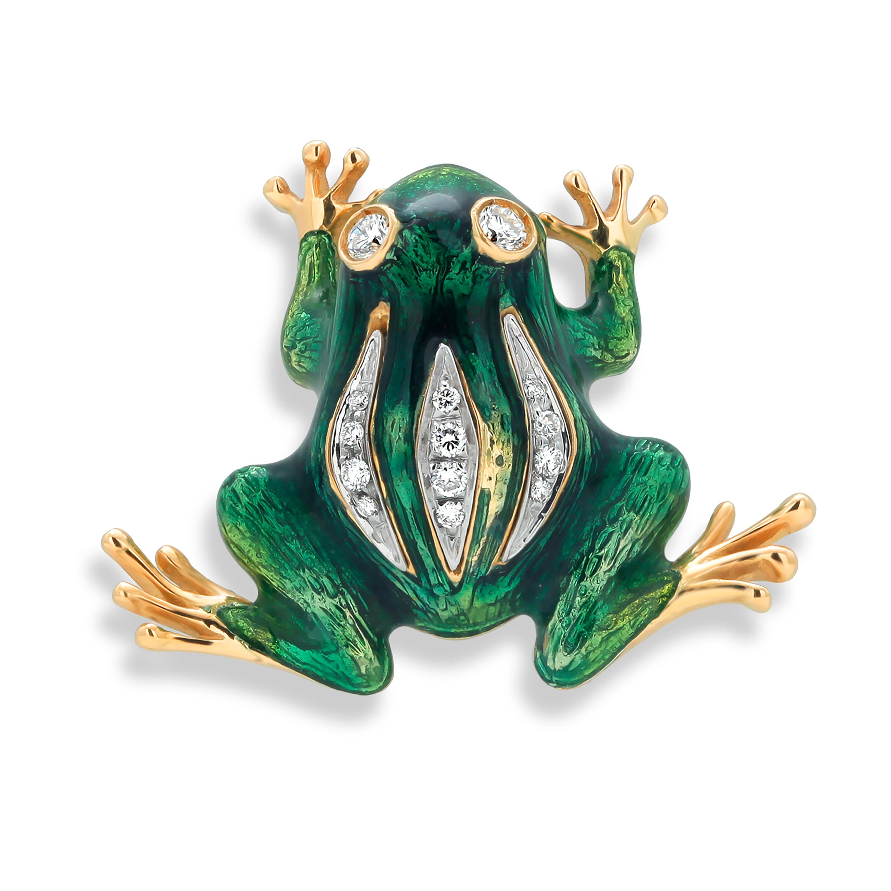 Round Cut Eighteen Karat Yellow and White Gold Green Enamel Frog Brooch with Diamonds 