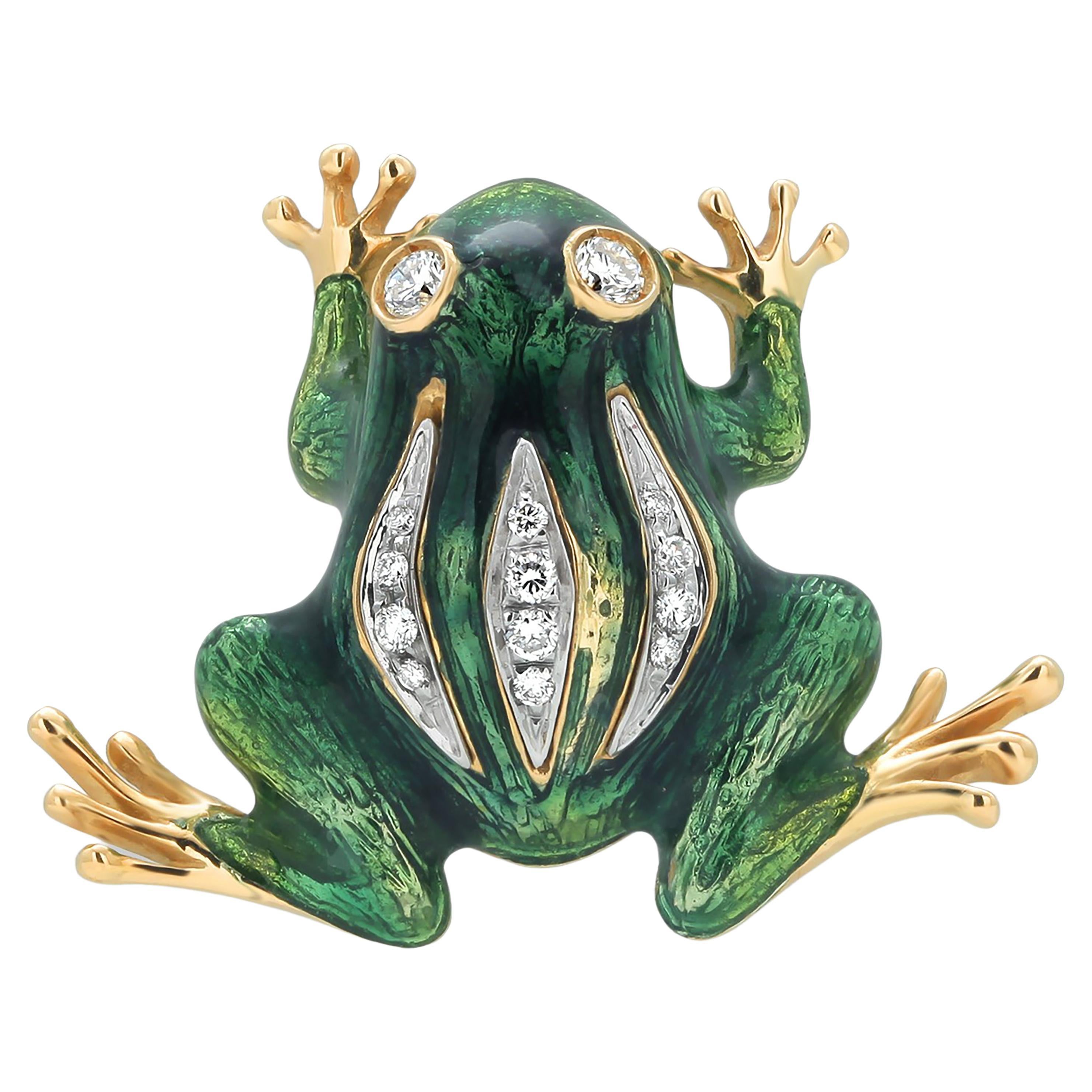 Broche de oro amarillo y blanco de dieciocho quilates Rana de esmalte verde con diamantes Retro