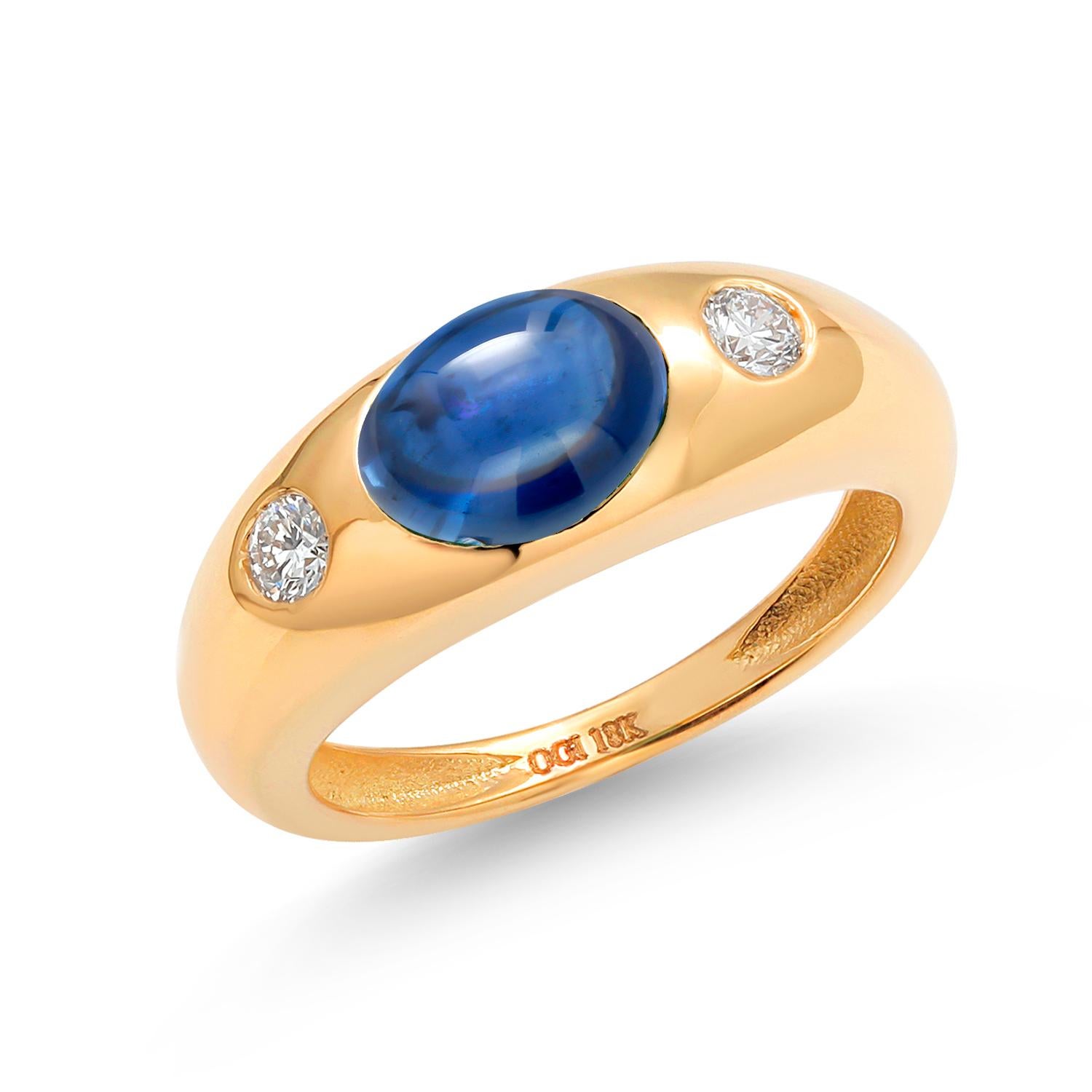 Eighteen Karat Gold Ceylon Cabochon Sapphire Two Diamonds 3 Stone Ring For Sale 2