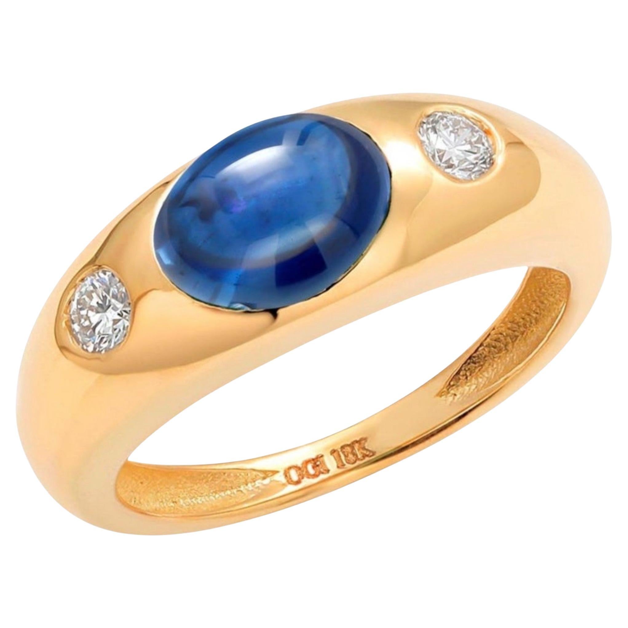 Eighteen Karat Gold Ceylon Cabochon Sapphire Two Diamonds 3 Stone Ring