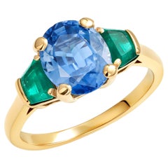 Eighteen Karat Gold Ceylon Sapphire and Trapezoid Shaped Emerald Cocktail Ring