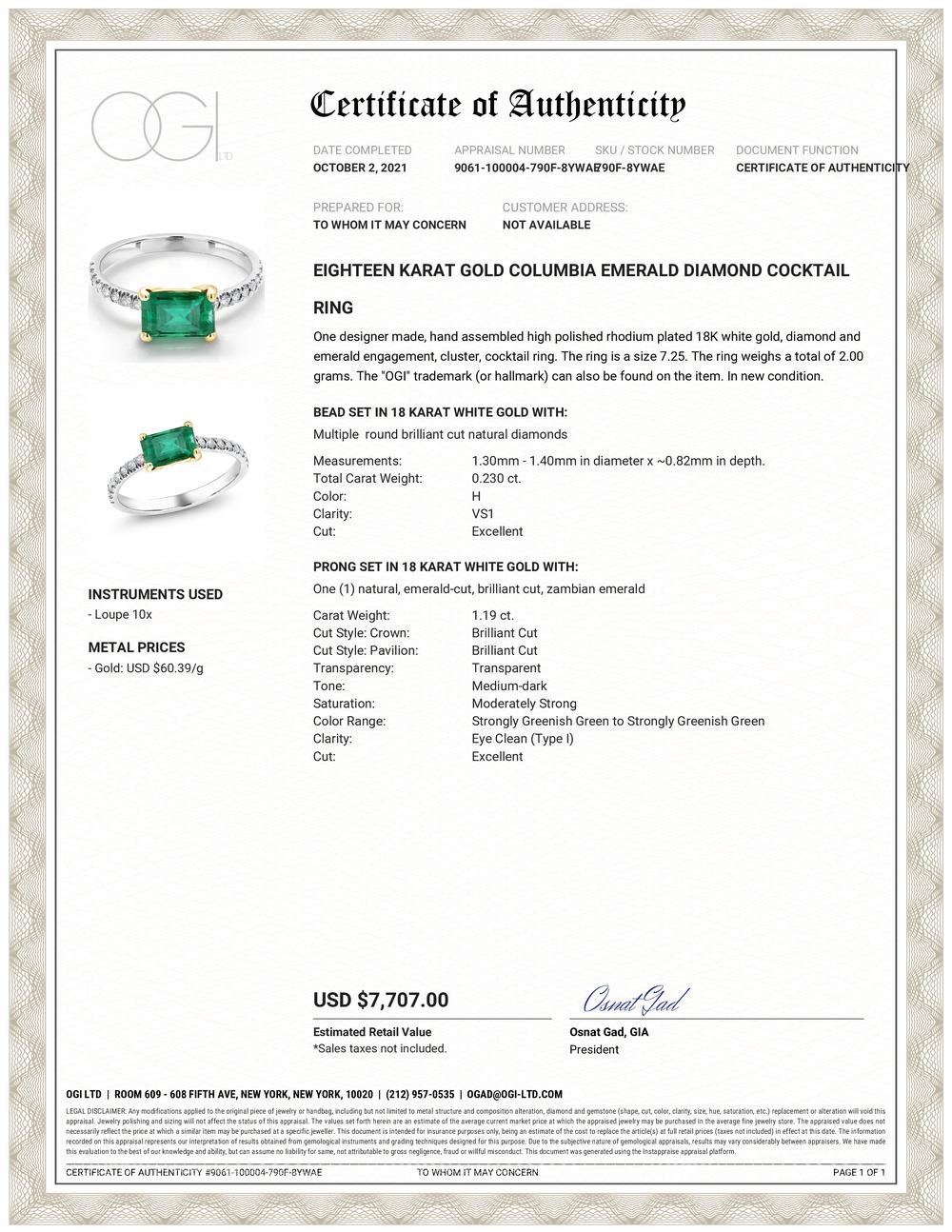 Eighteen karats white and yellow gold emerald and diamond cocktail ring 
Eighteen diamond weighing 0.23 carats
Columbia green emerald cut emerald weighing 1.19 carats
Emerald hue tone color is of grass green 
Ring finger size 7.25
Emerald measuring