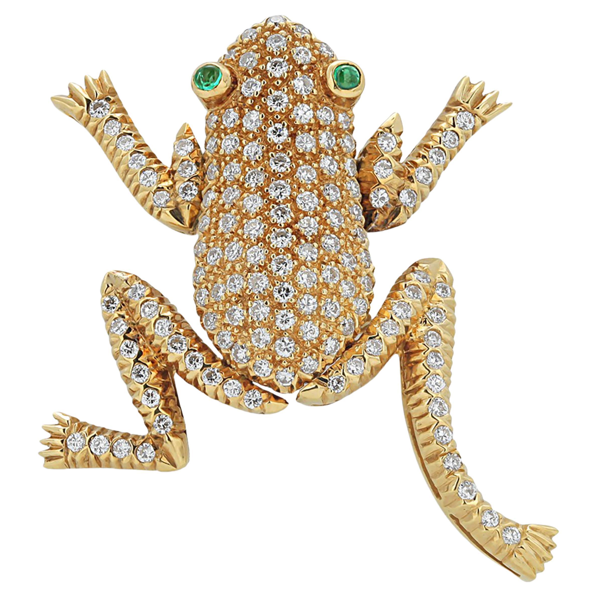 Eighteen Karat Gold Diamond Frog Brooch with En Tremblant Legs and Arms