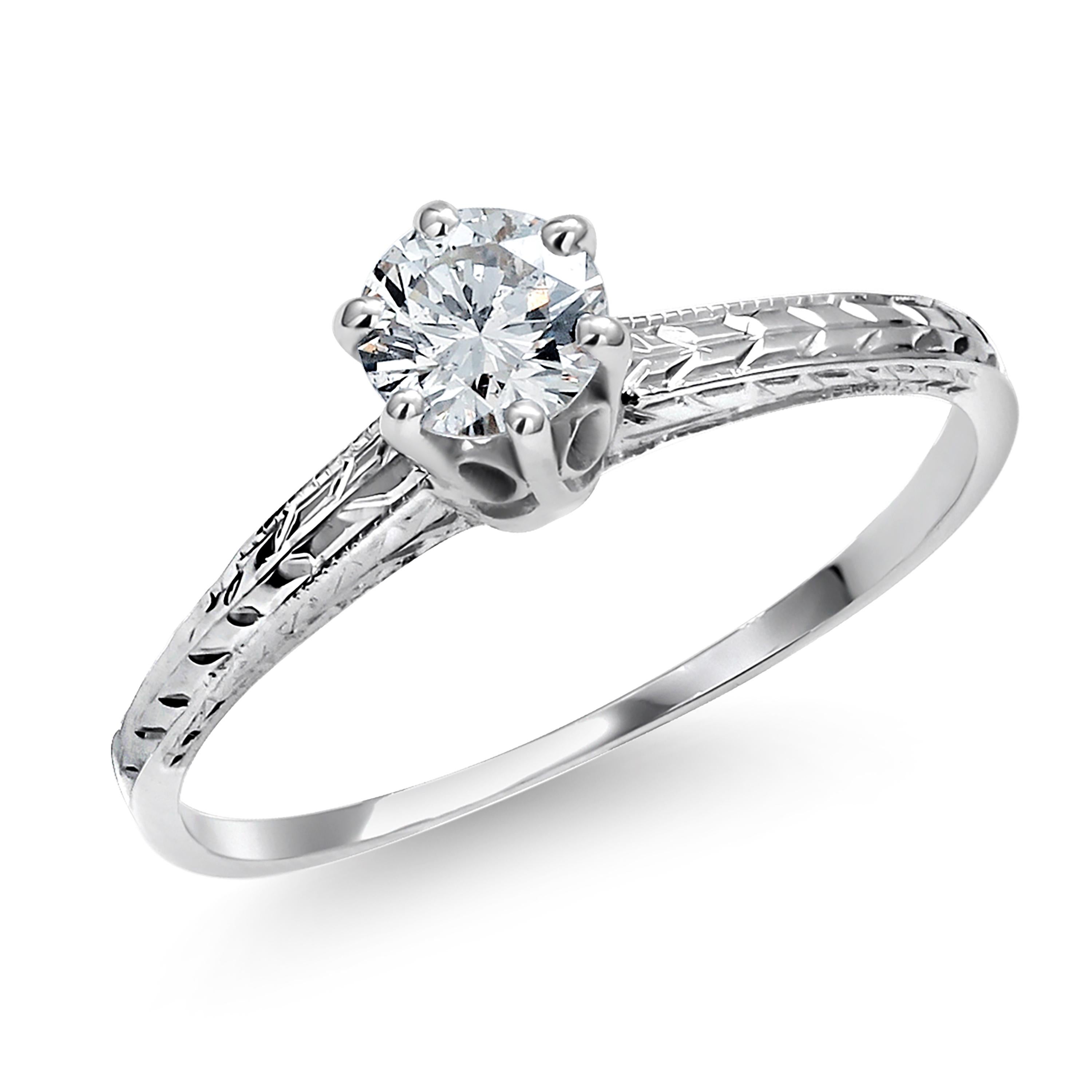Round Cut Eighteen Karat Gold Engraved Art Deco Style 0.35 Karat Diamond Engagement Ring