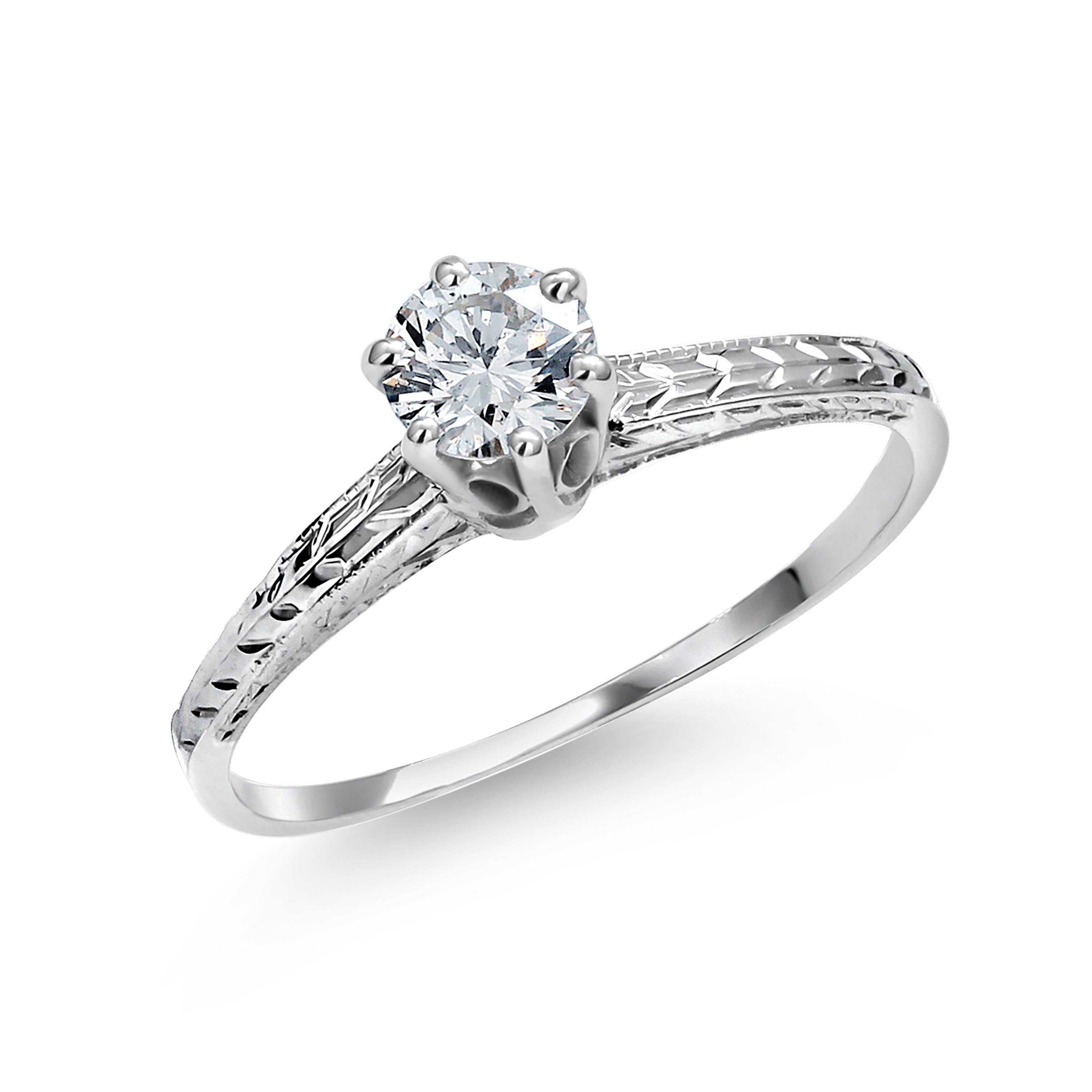 Women's Eighteen Karat Gold Engraved Art Deco Style 0.35 Karat Diamond Engagement Ring For Sale