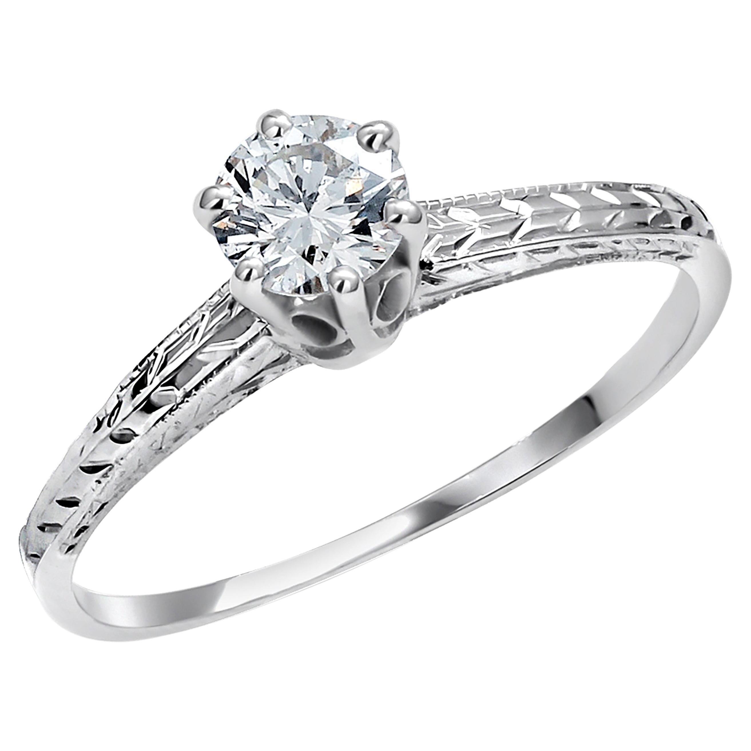 Eighteen Karat Gold Engraved Art Deco Style 0.35 Karat Diamond Engagement Ring For Sale