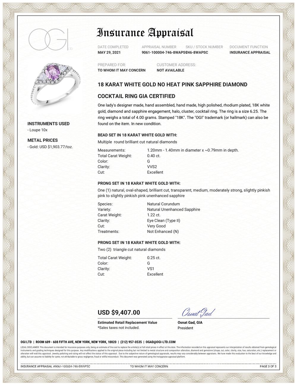 Contemporary Eighteen Karat Gold No Heat Pink Sapphire Diamond Cocktail Ring GIA Certified