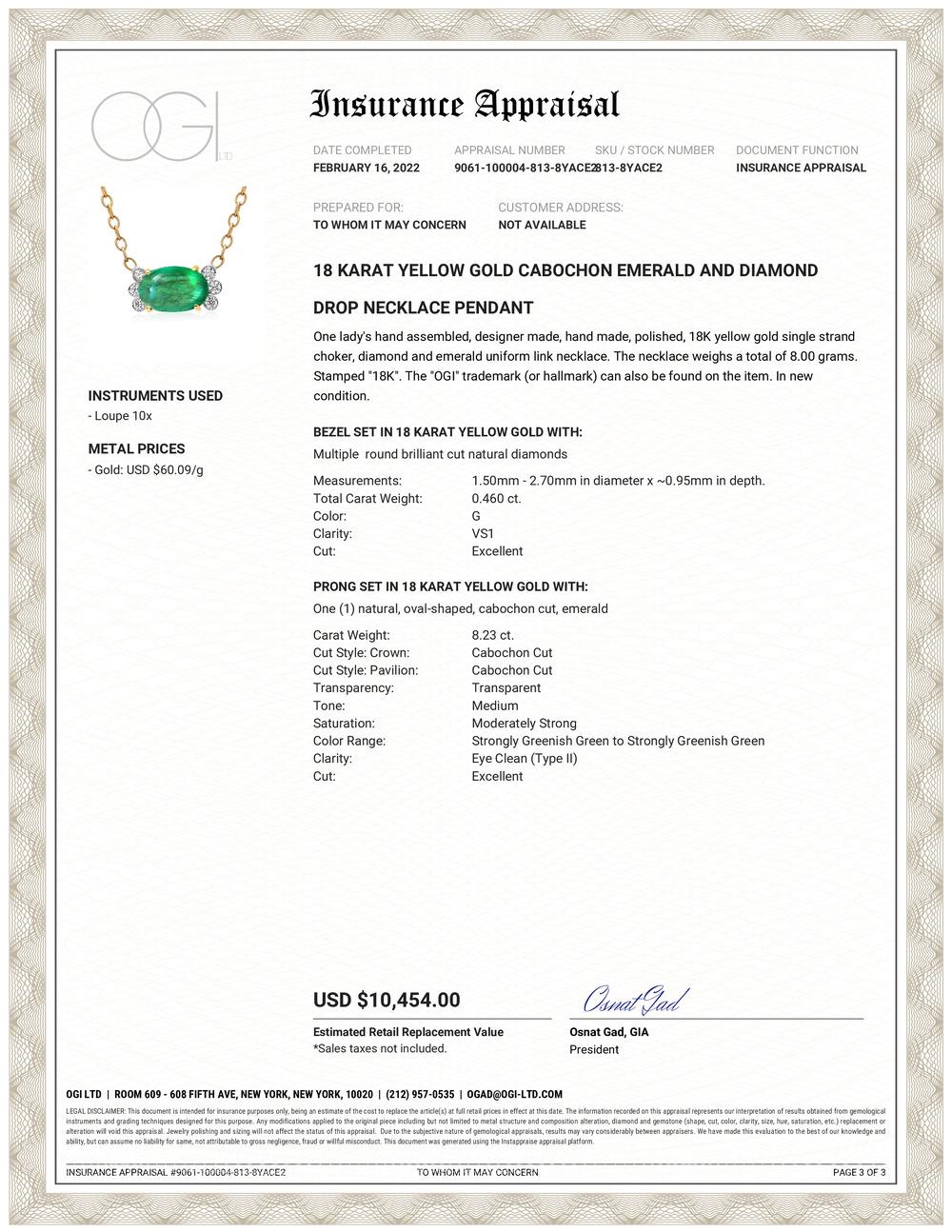 Eighteen karats yellow gold necklace pendant with Colombia cabochon emerald
Necklace measuring 16 inch 
Colombia cabochon emerald weighing 8.23 carats
Cabochon emerald measuring 0.40