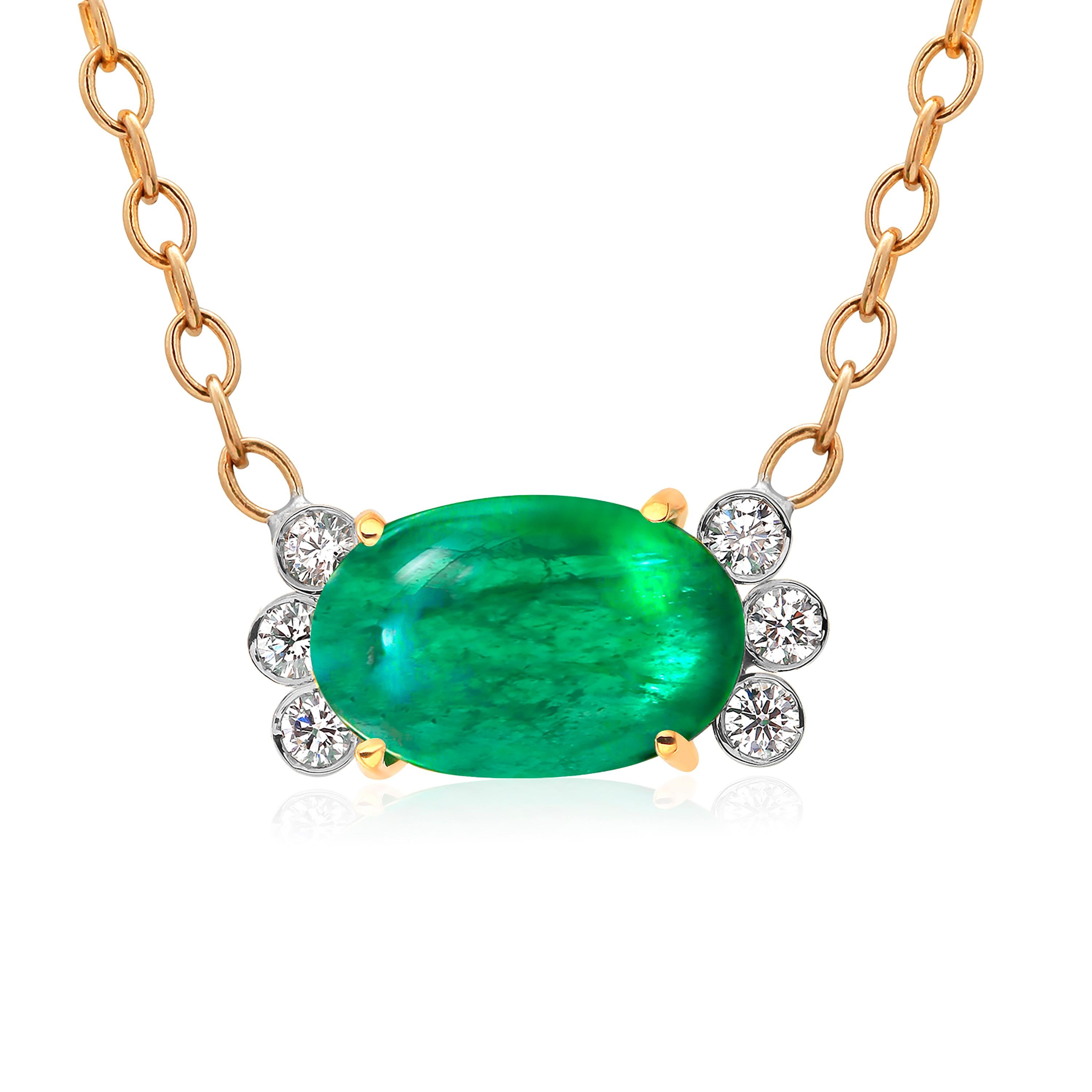 Contemporary Eighteen Karat Gold Colombia Cabochon Emerald Diamond Trending Pendant Necklace