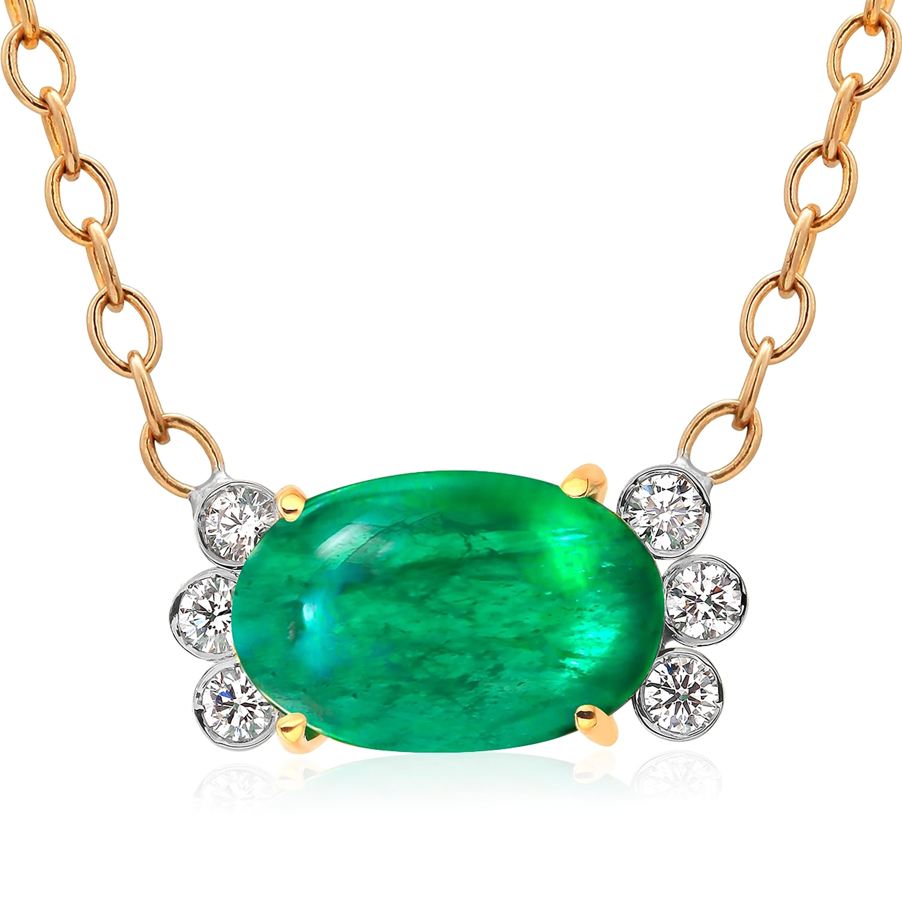 Eighteen Karat Gold Colombia Cabochon Emerald Diamond Trending Pendant Necklace In New Condition In New York, NY