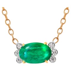 Eighteen Karat Gold Colombia Cabochon Emerald Diamond Trending Pendant Necklace