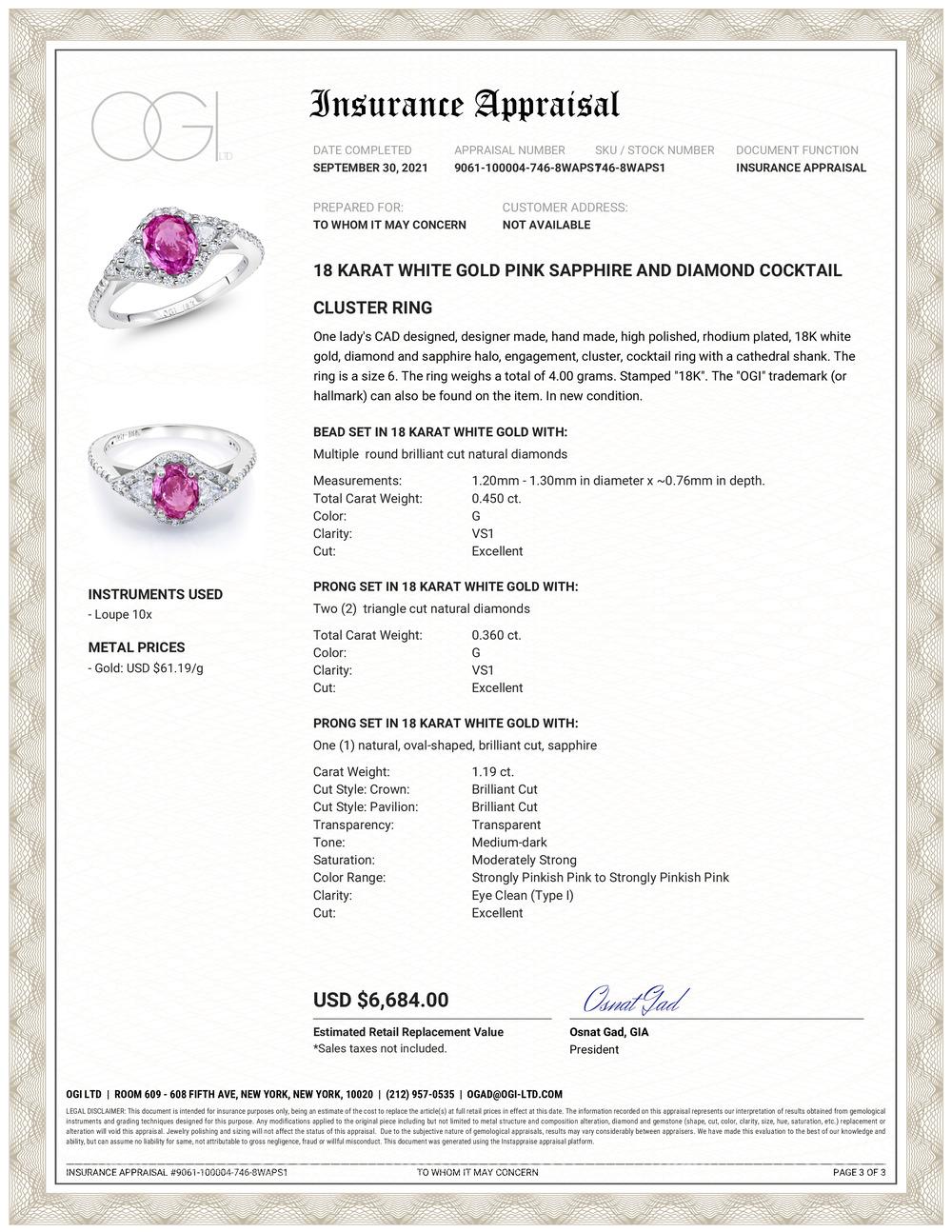 Eighteen karats white gold ring
Ceylon pink sapphire weighing 1.19 carat
Match pair of trillion diamond weighing 0.36 carat
Pave-set diamonds weighing 0.45 carat  
One of a kind ring 
New Ring
Ring Size 6
The ring can be resized 
Handmade in the USA
