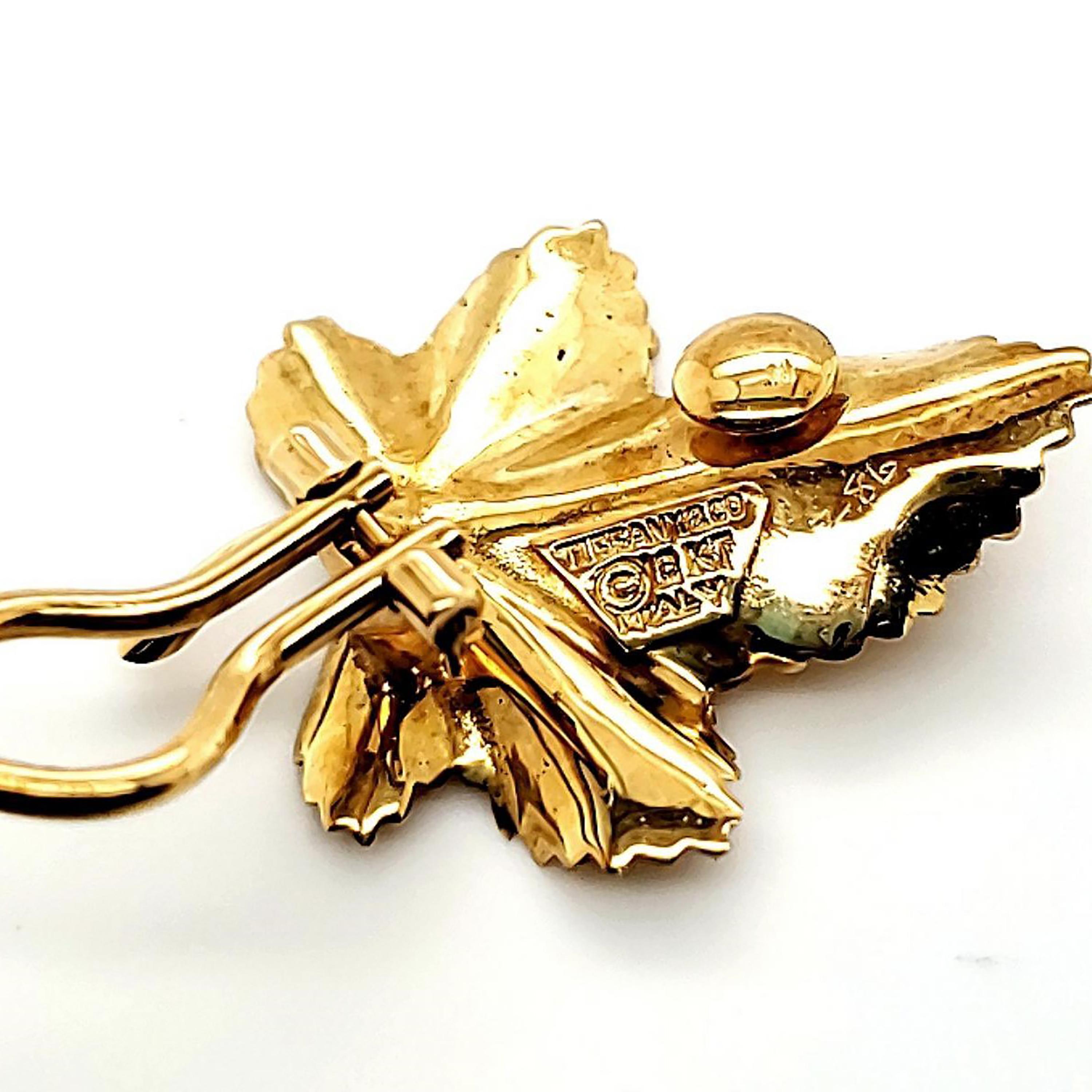 Tiffany and Co Eighteen Karat Gold Vintage 3D Ridged Texture Leaf Design Earring 1