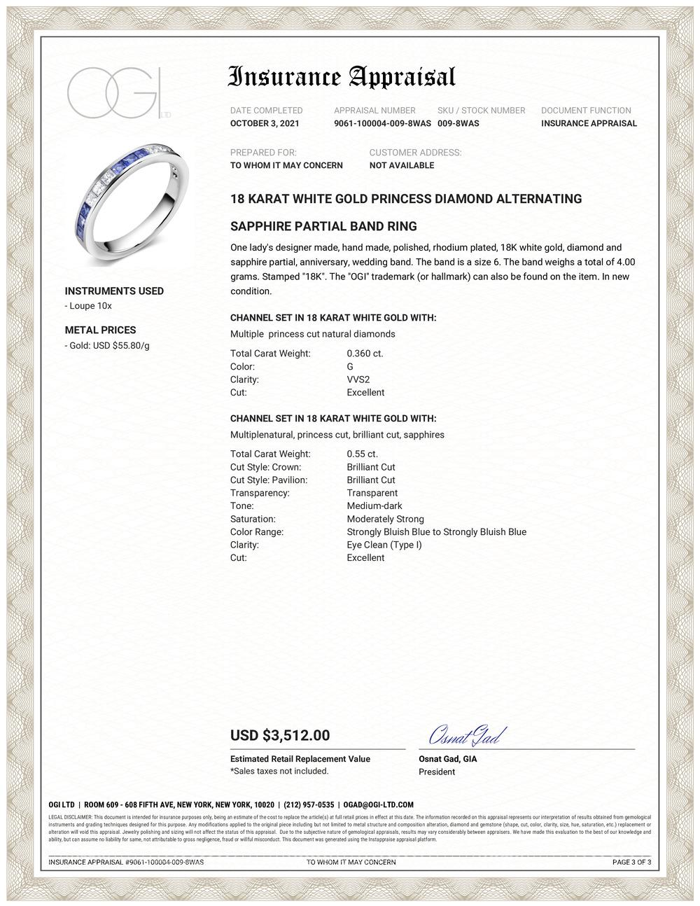 Eighteen Karat white gold partial twelve stone ring 
Six princesses cut diamond weighing 0.36 carat 
Nine princess cut sapphire weighing 0.55 carat  
Diamond quality G VS
New Ring
Ring size 6 In Stock
The ring can be resized